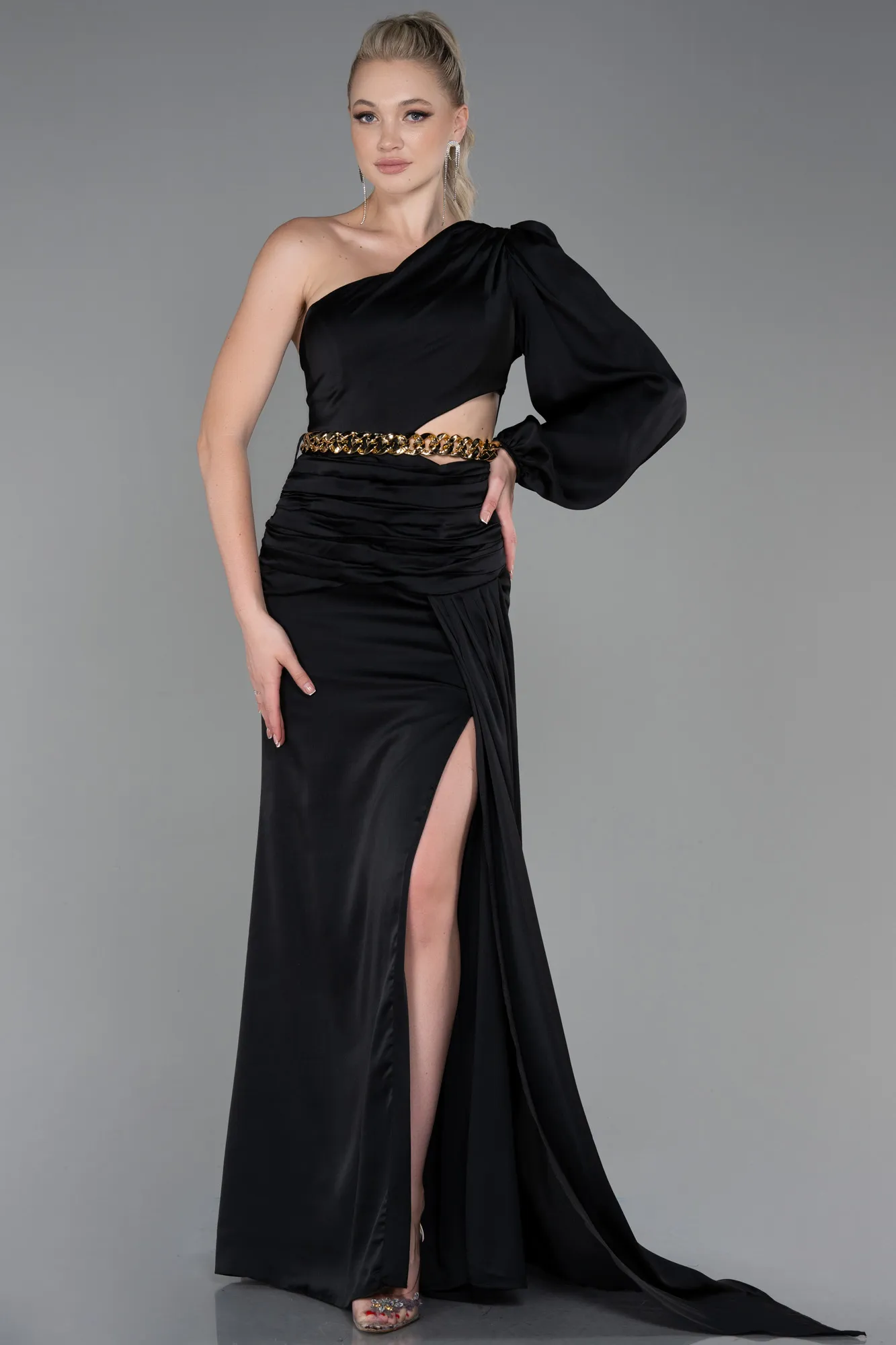 Black-Long Satin Prom Gown ABU2625