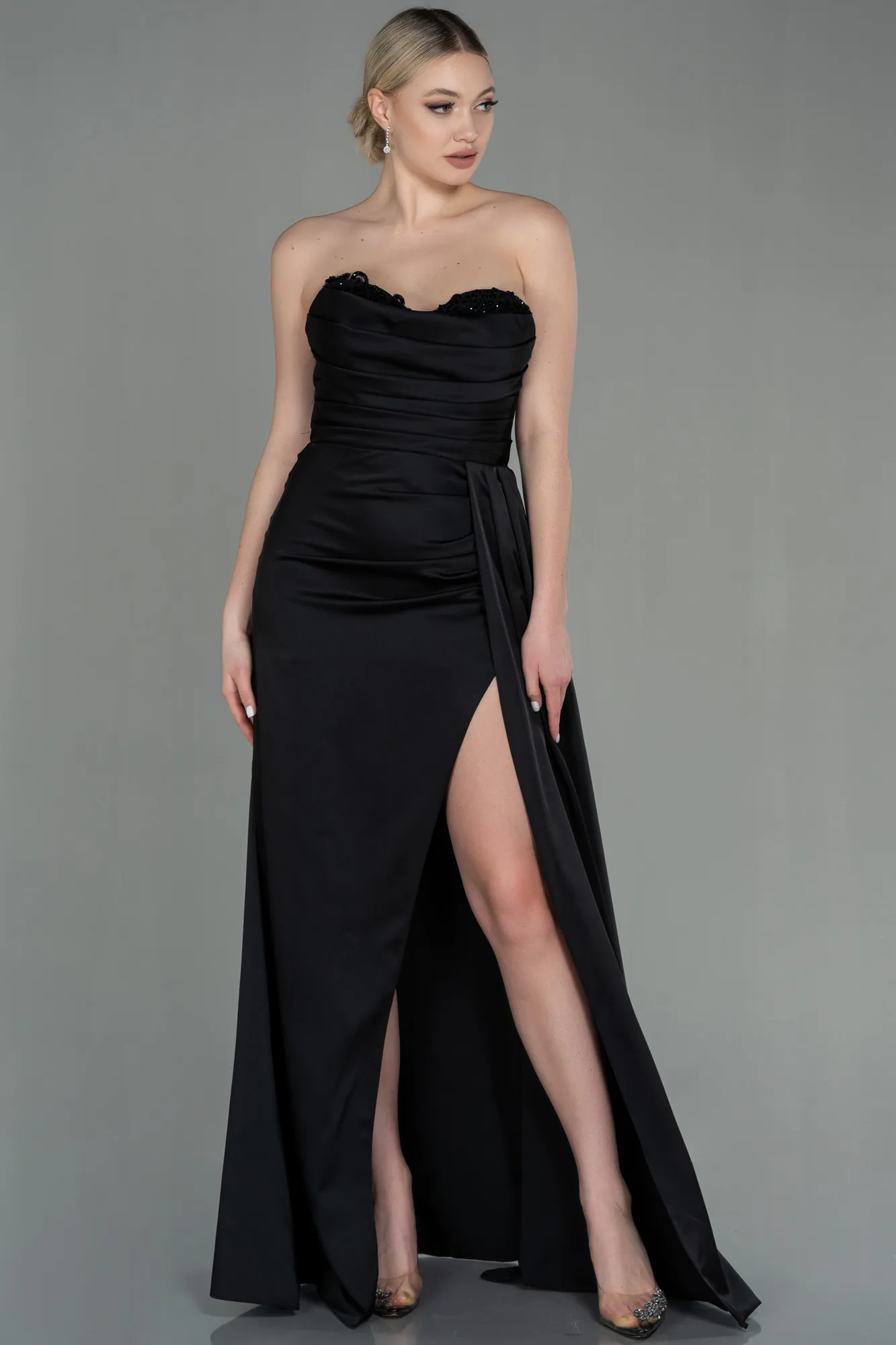 Black-Long Satin Prom Gown ABU2965