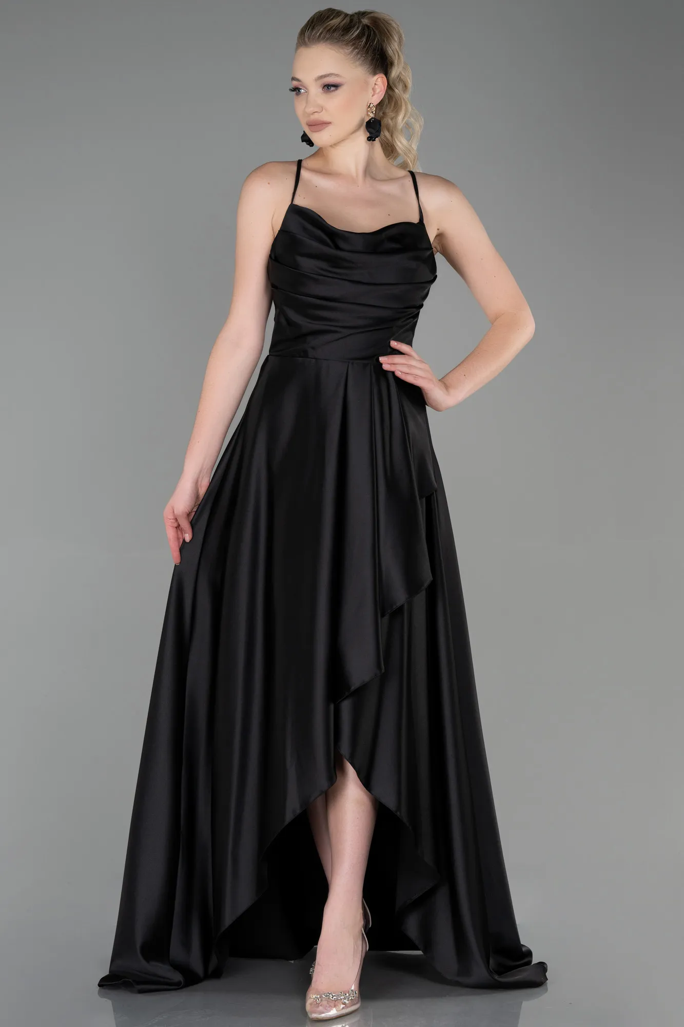 Black-Long Satin Prom Gown ABU3242