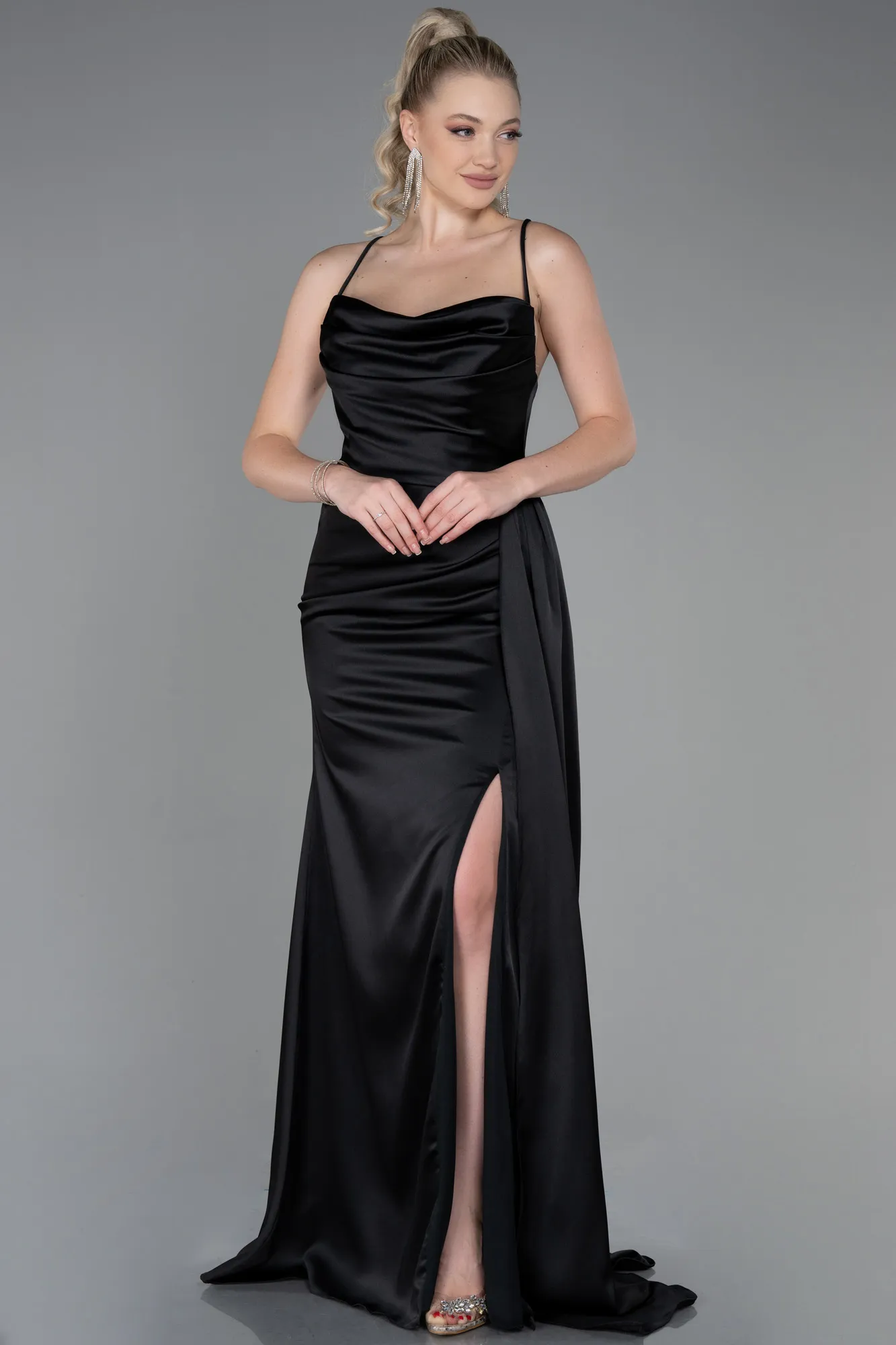Black-Long Satin Prom Gown ABU3267
