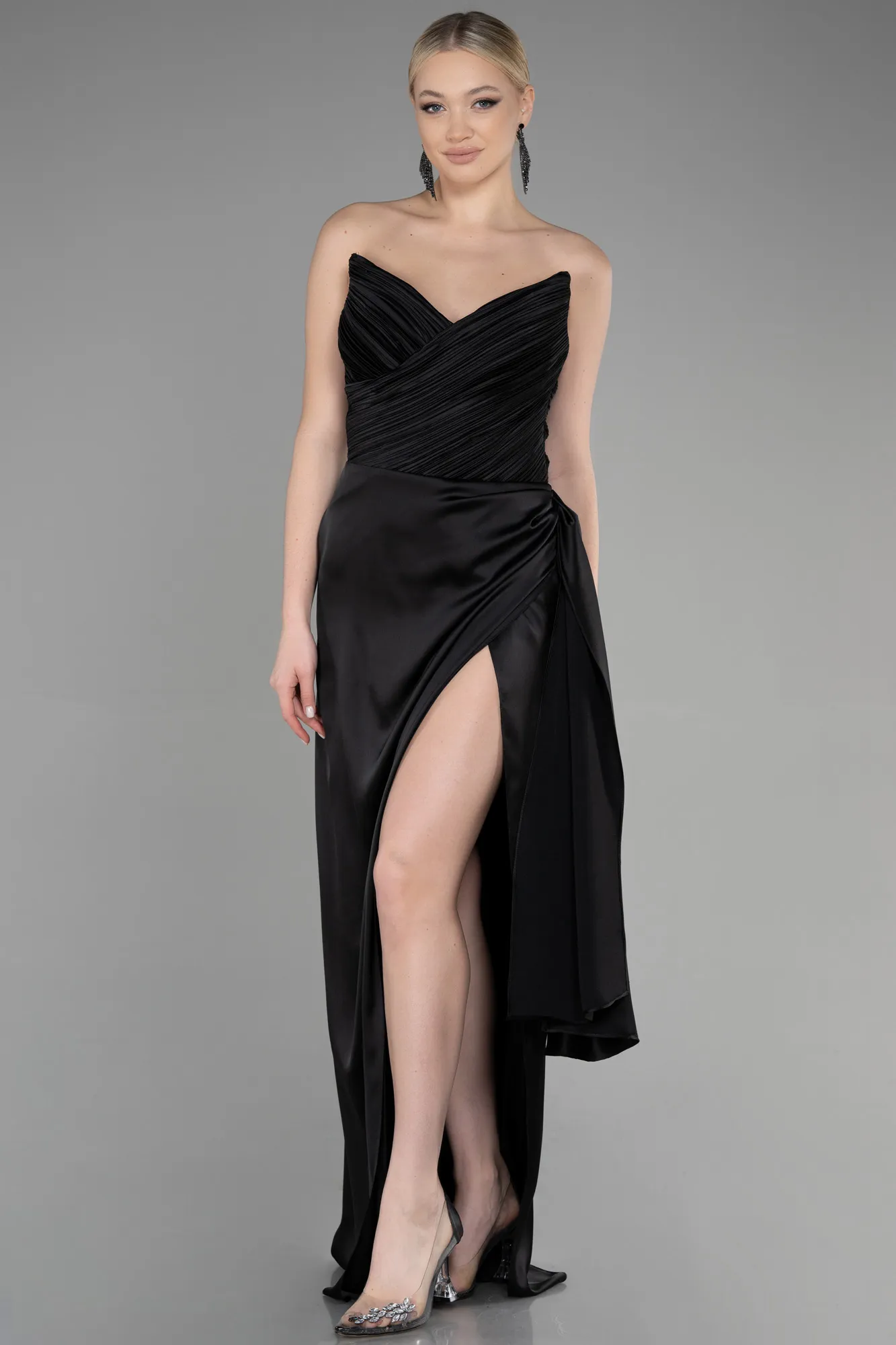 Black-Long Satin Prom Gown ABU3482