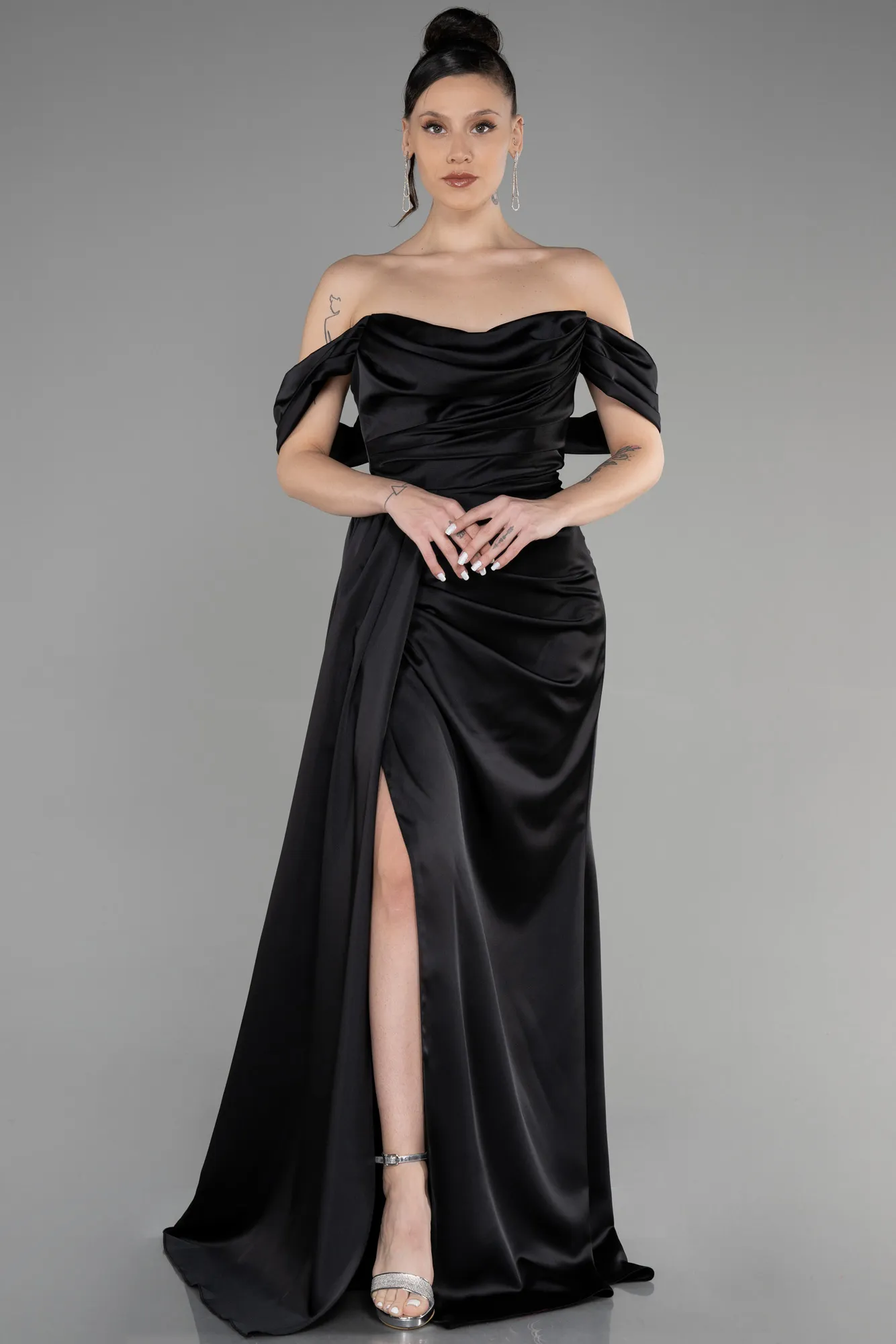 Black-Long Satin Prom Gown ABU3514