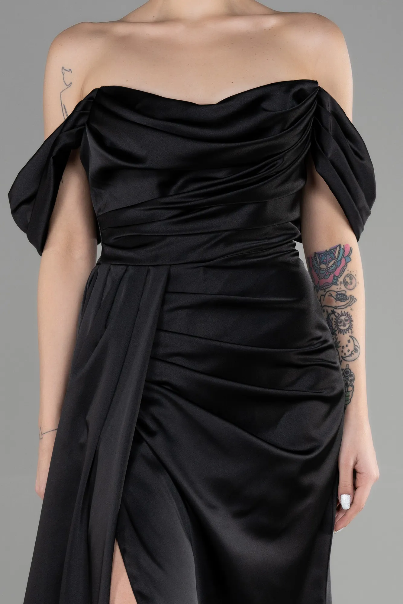 Black-Long Satin Prom Gown ABU3514