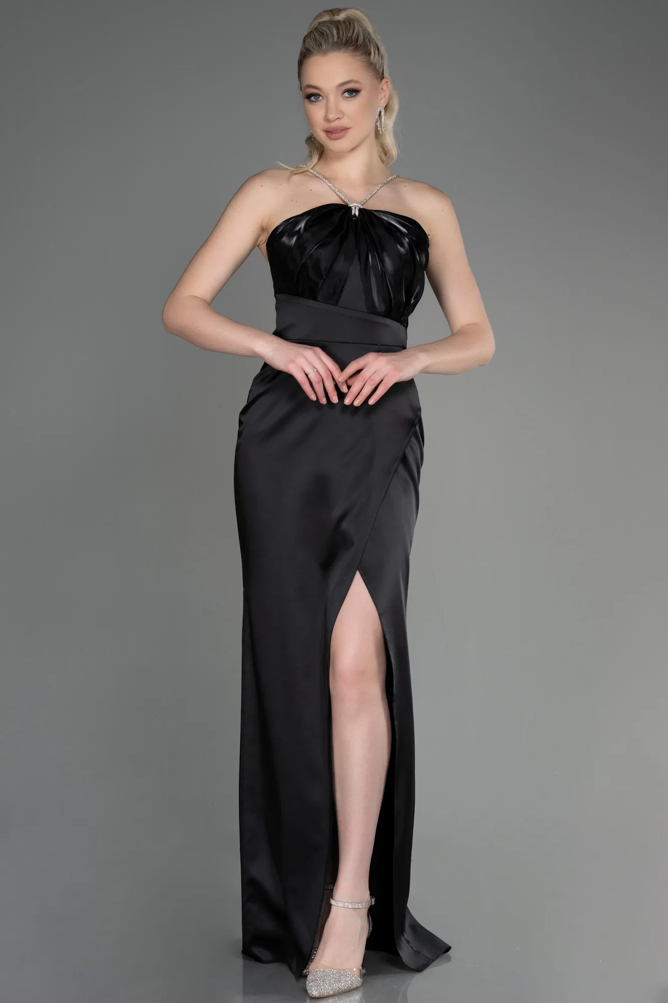 Black-Long Satin Prom Gown ABU3525