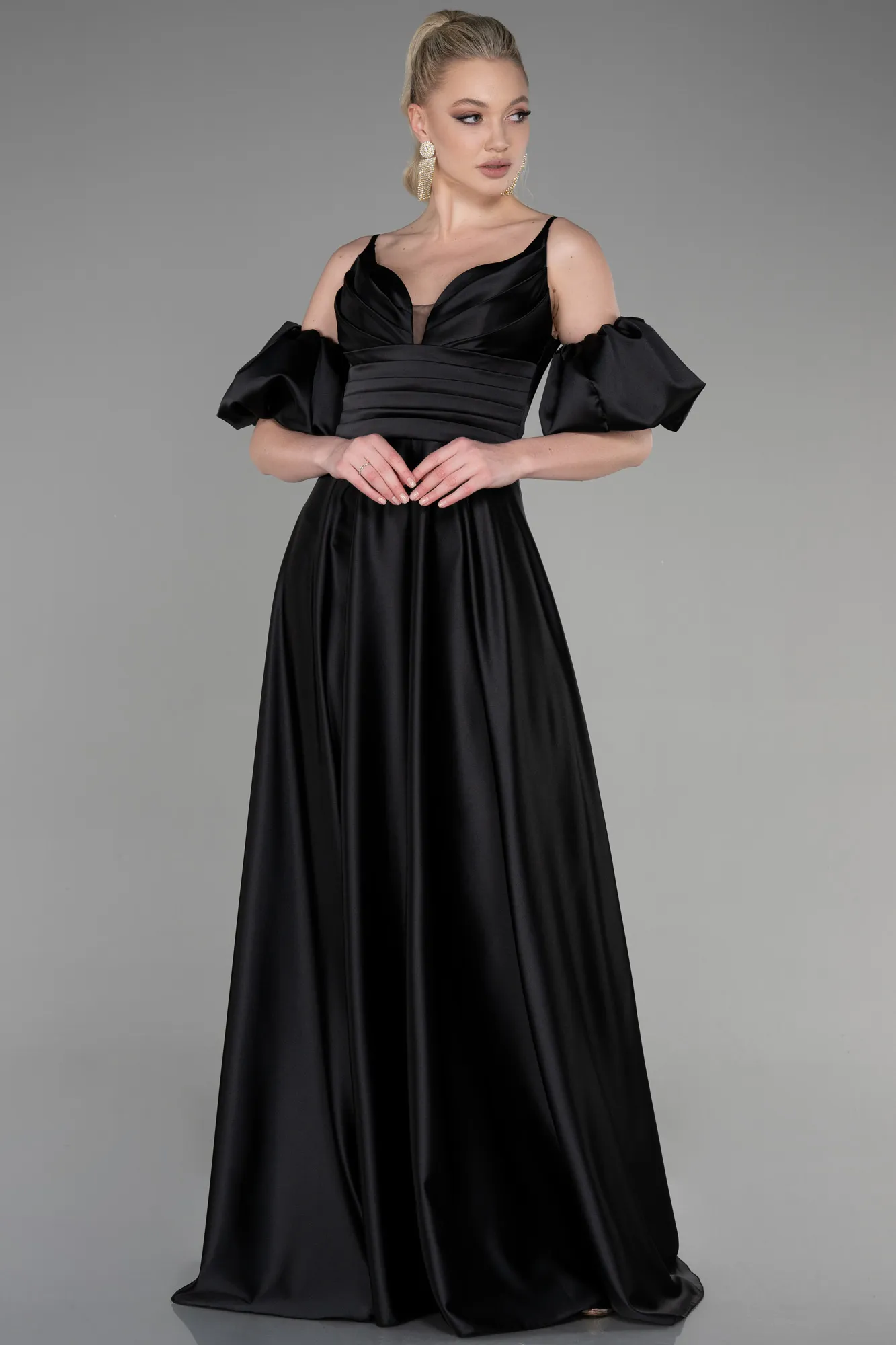 Black-Long Satin Prom Gown ABU3634