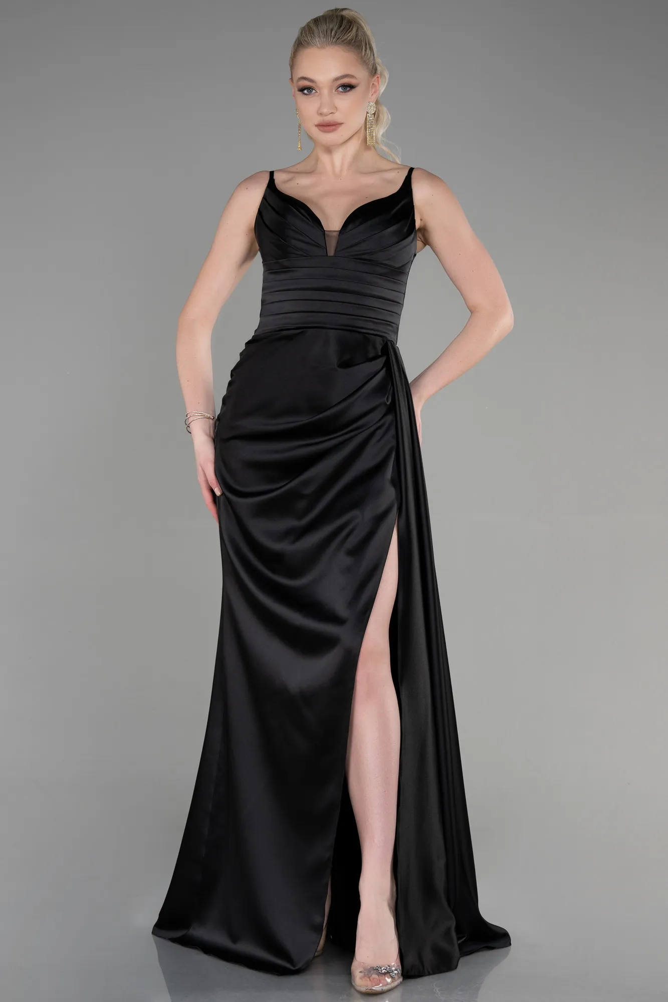 Black-Long Satin Prom Gown ABU3635