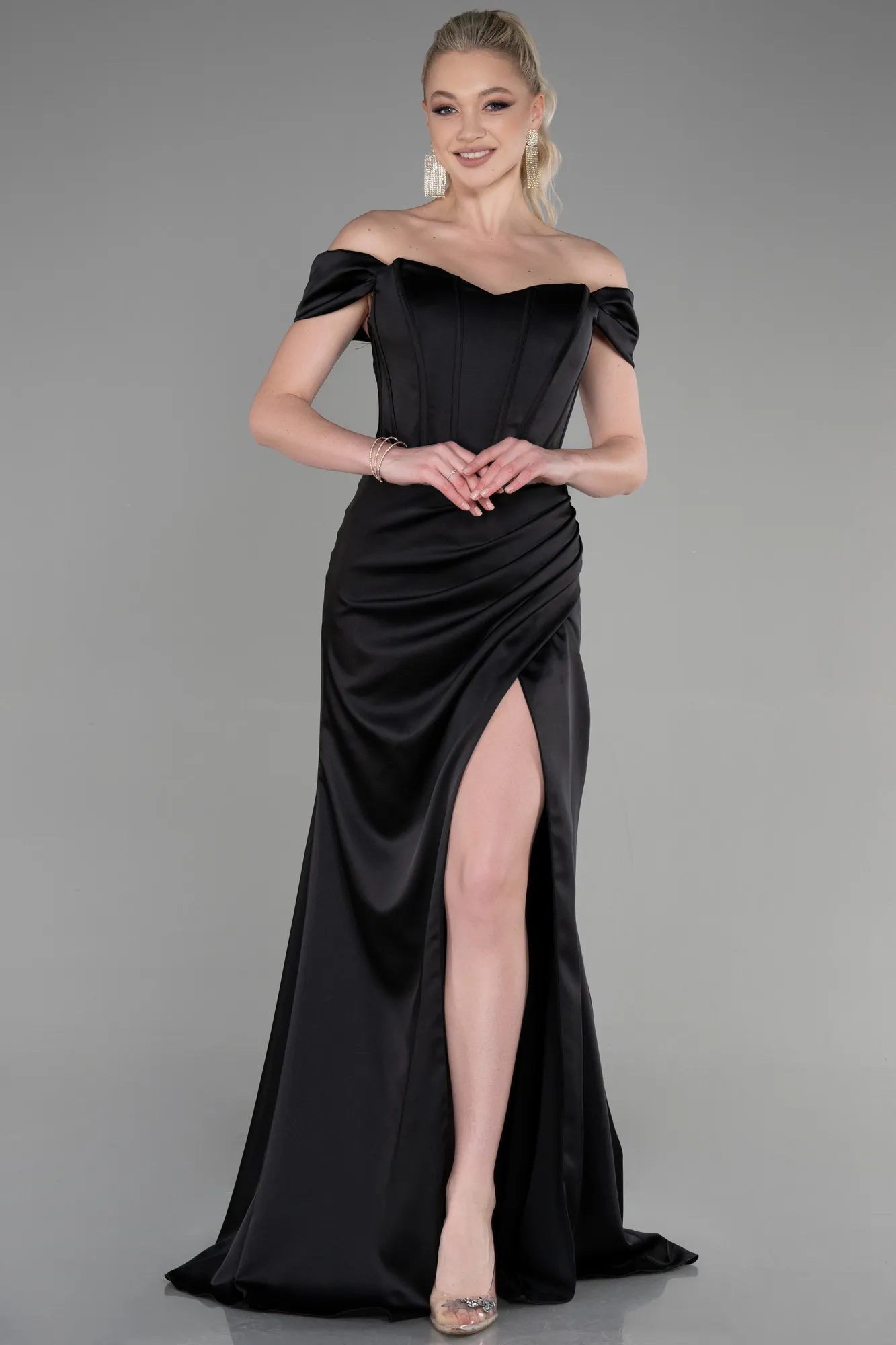 Black-Long Satin Prom Gown ABU3640