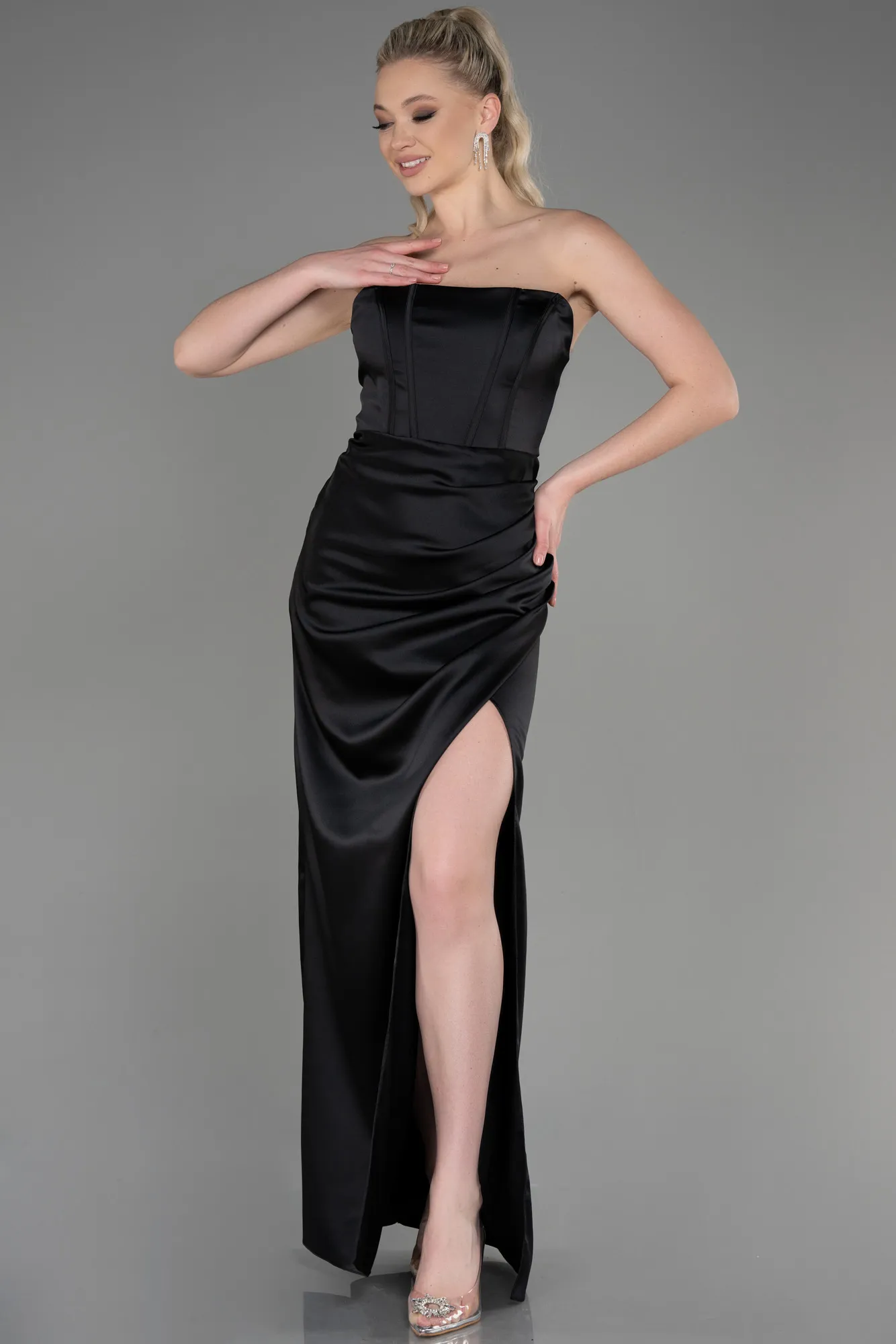 Black-Long Satin Prom Gown ABU3765