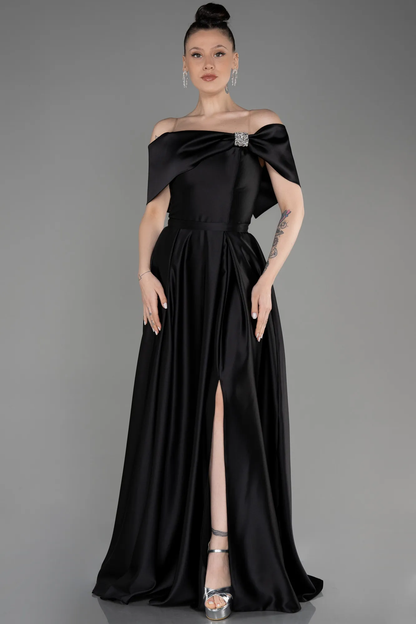 Black-Long Satin Prom Gown ABU3788