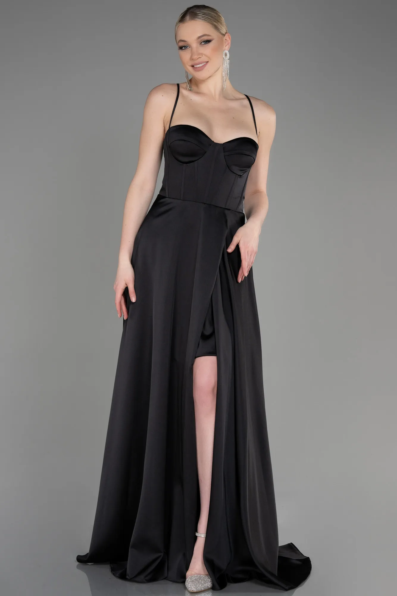 Black-Long Satin Prom Gown ABU3809