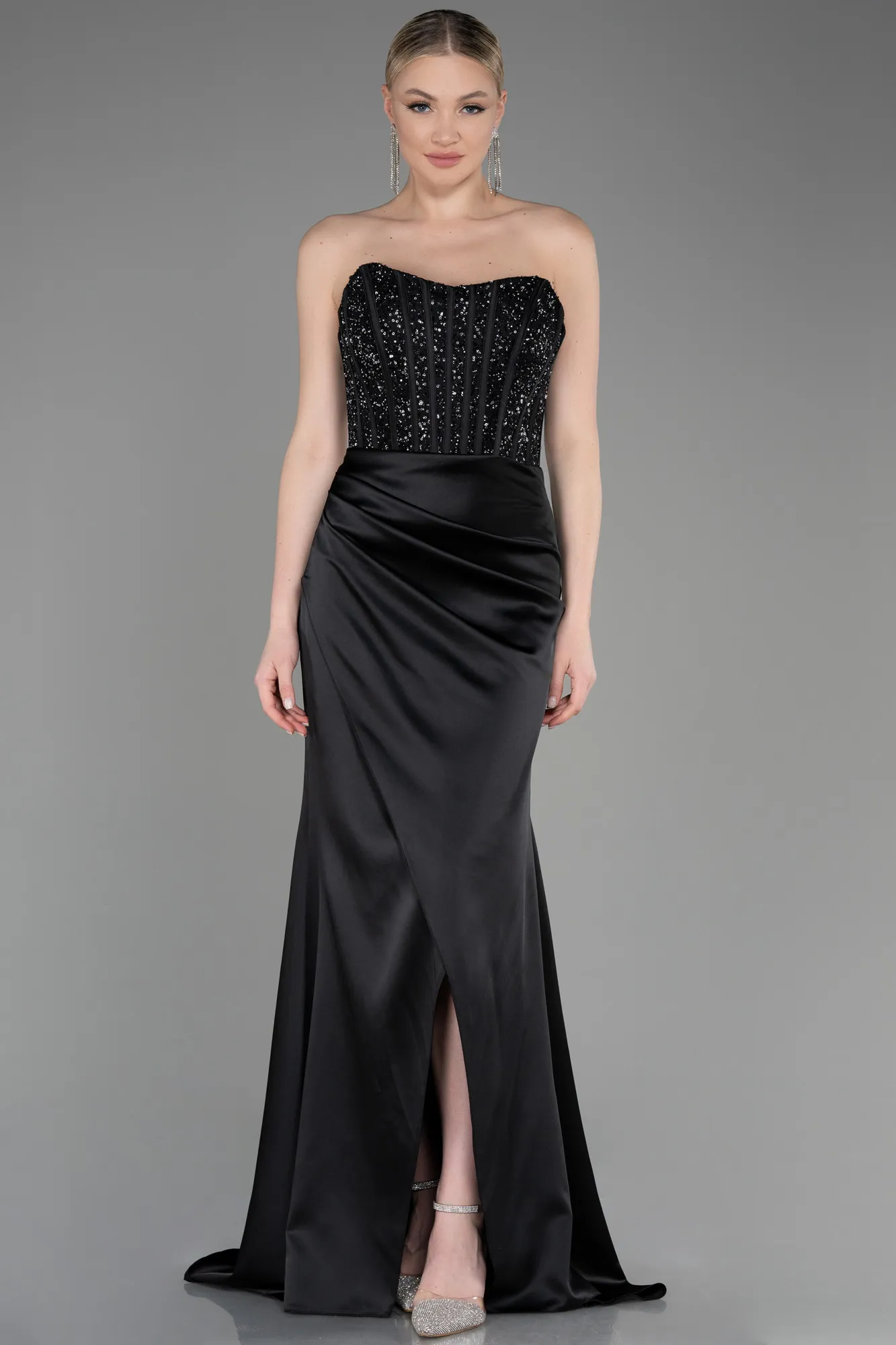 Black-Long Satin Prom Gown ABU3883