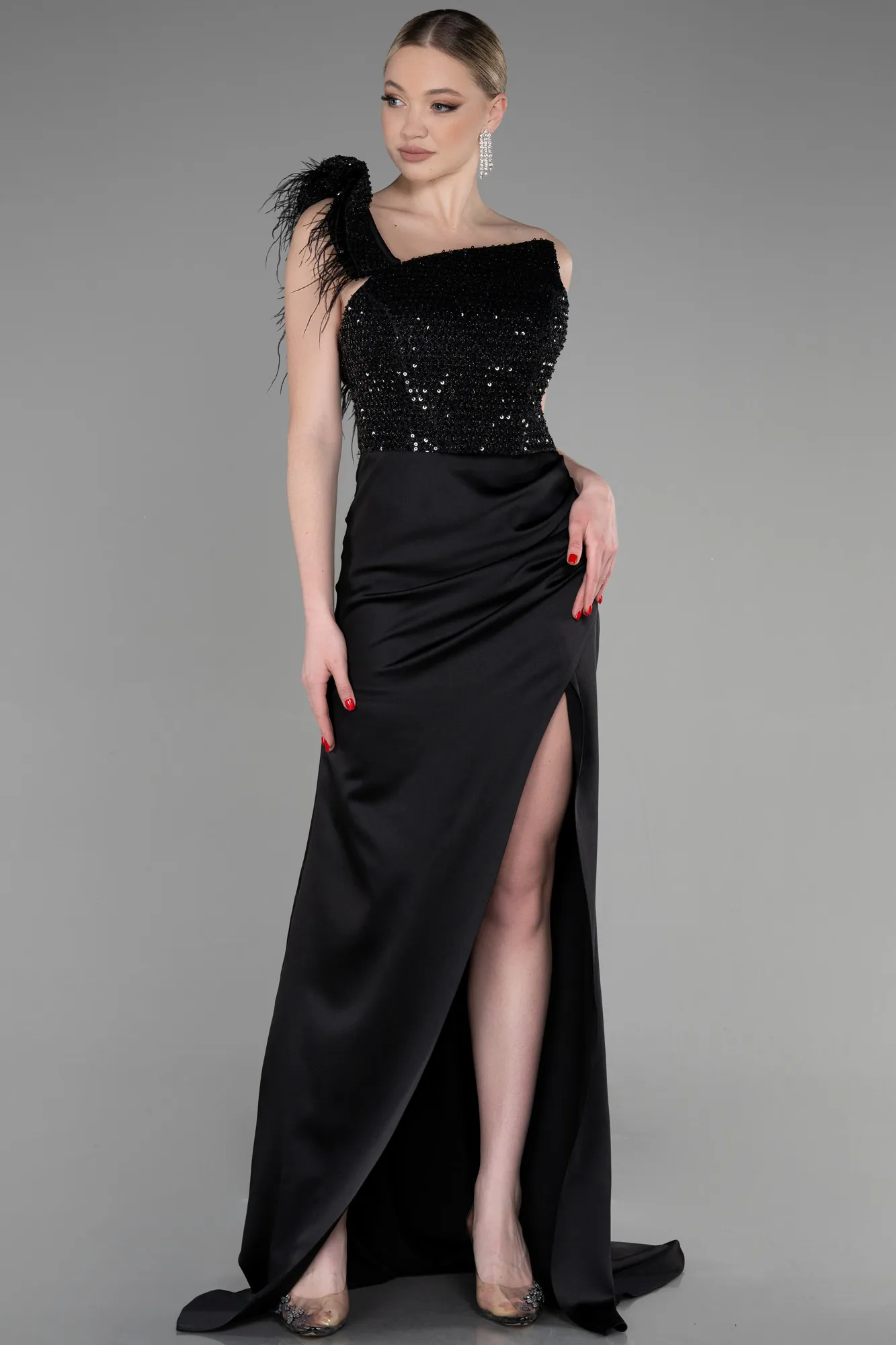 Black-Long Satin Special Design Engagement Dress ABU3609