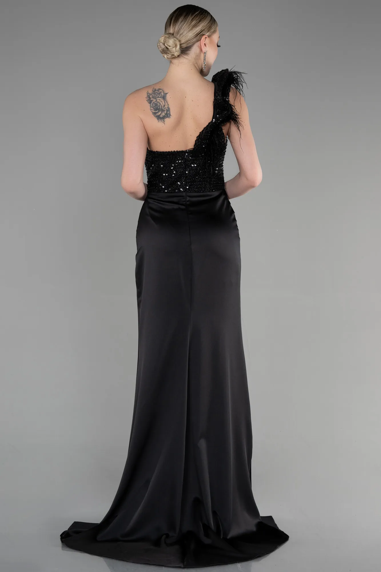 Black-Long Satin Special Design Engagement Dress ABU3609