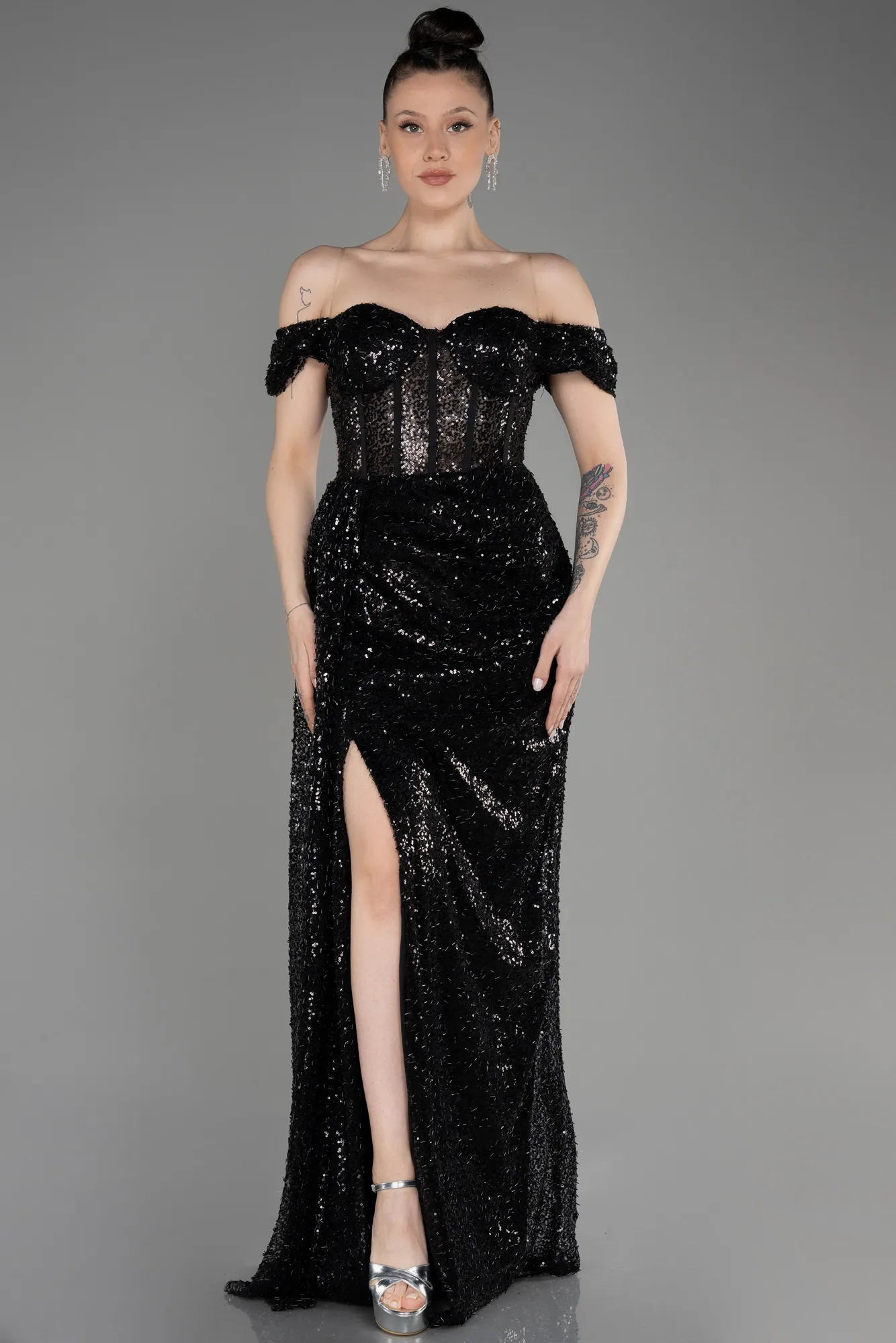 Black-Long Scaly Evening Dress ABU3794