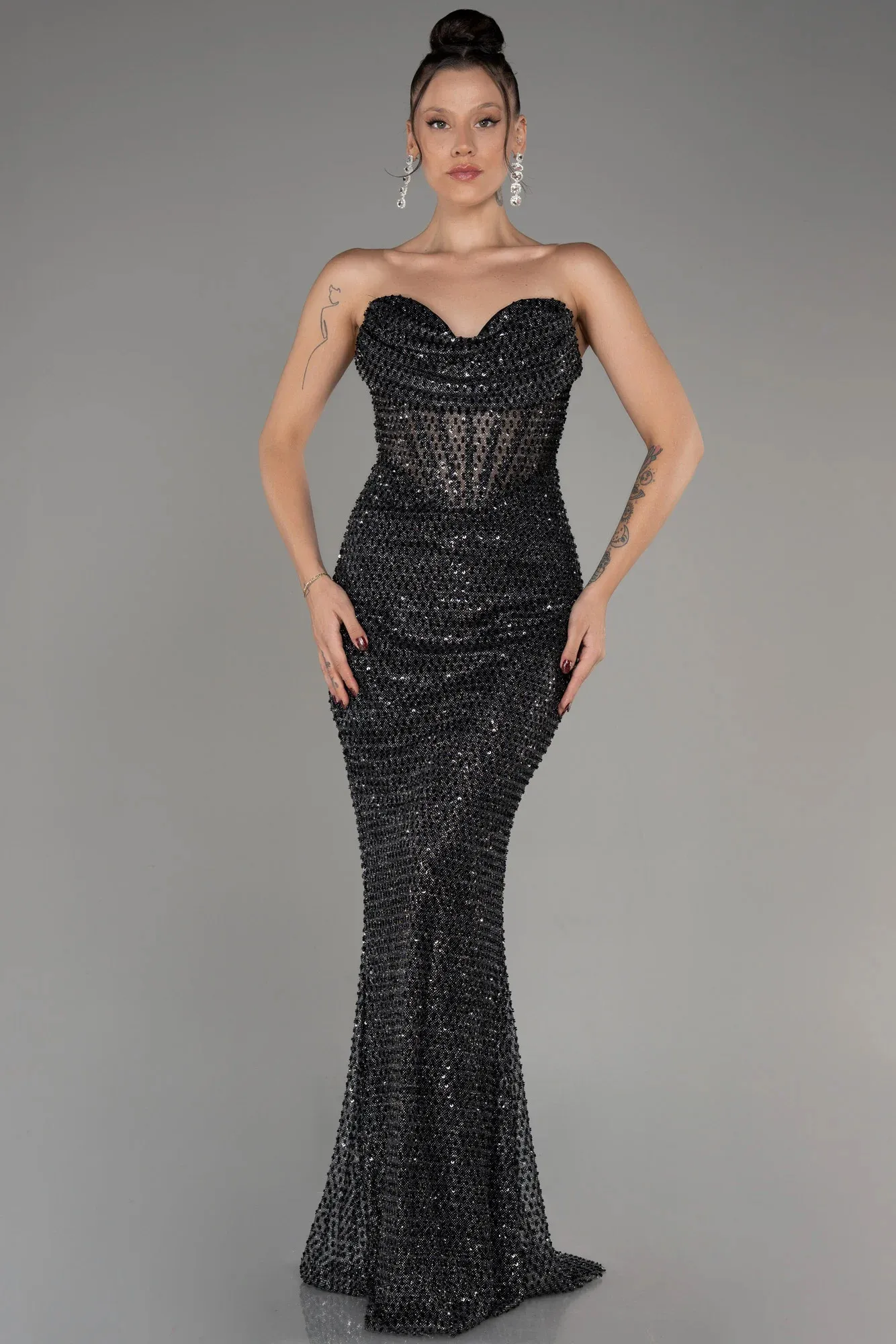 Black-Long Scaly Mermaid Evening Gown ABU3970