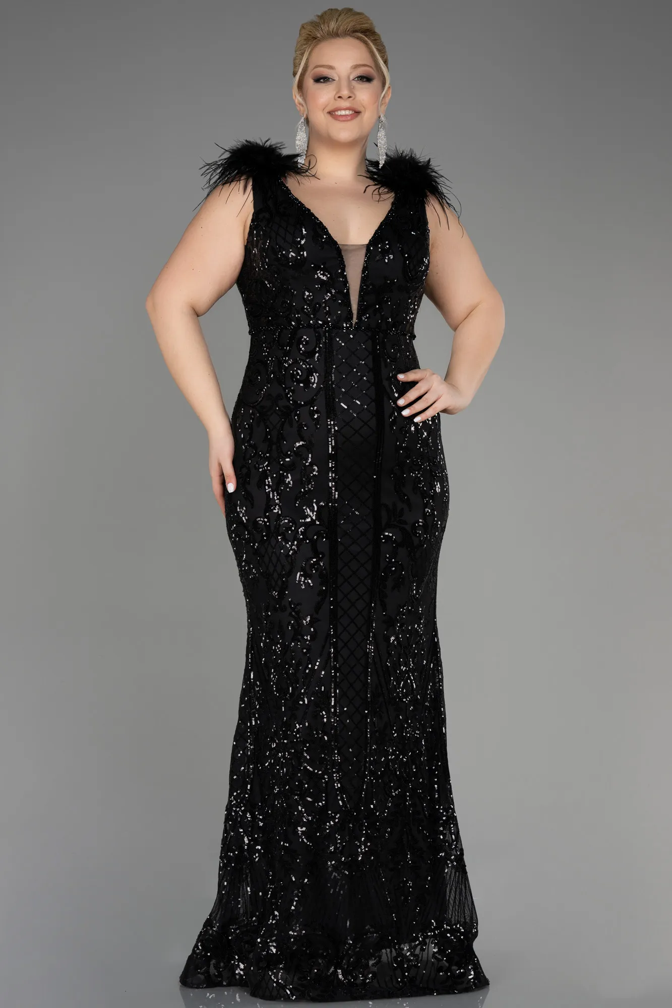 Black-Long Scaly Plus Size Engagement Dress ABU3671