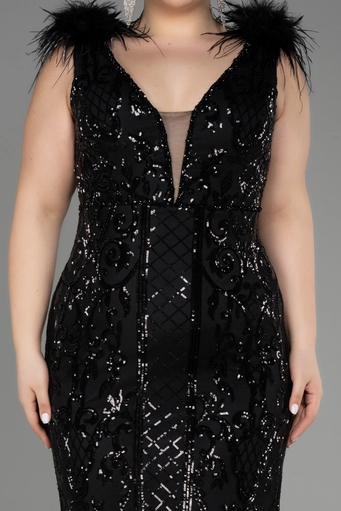 Black-Long Scaly Plus Size Engagement Dress ABU3671