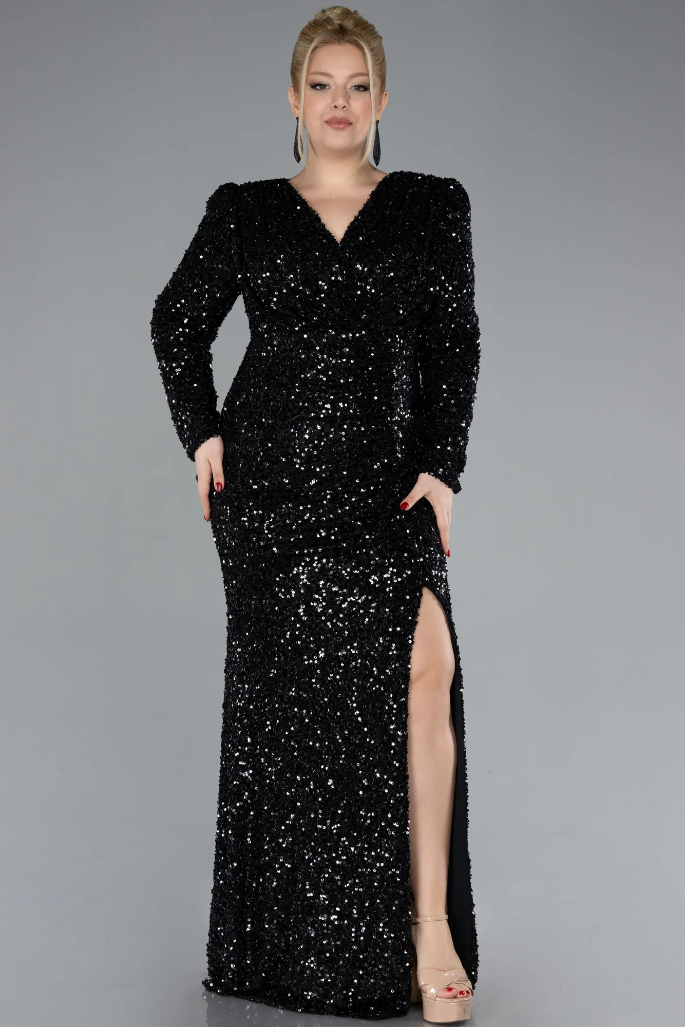 Black-Long Scaly Plus Size Engagement Dress ABU4373