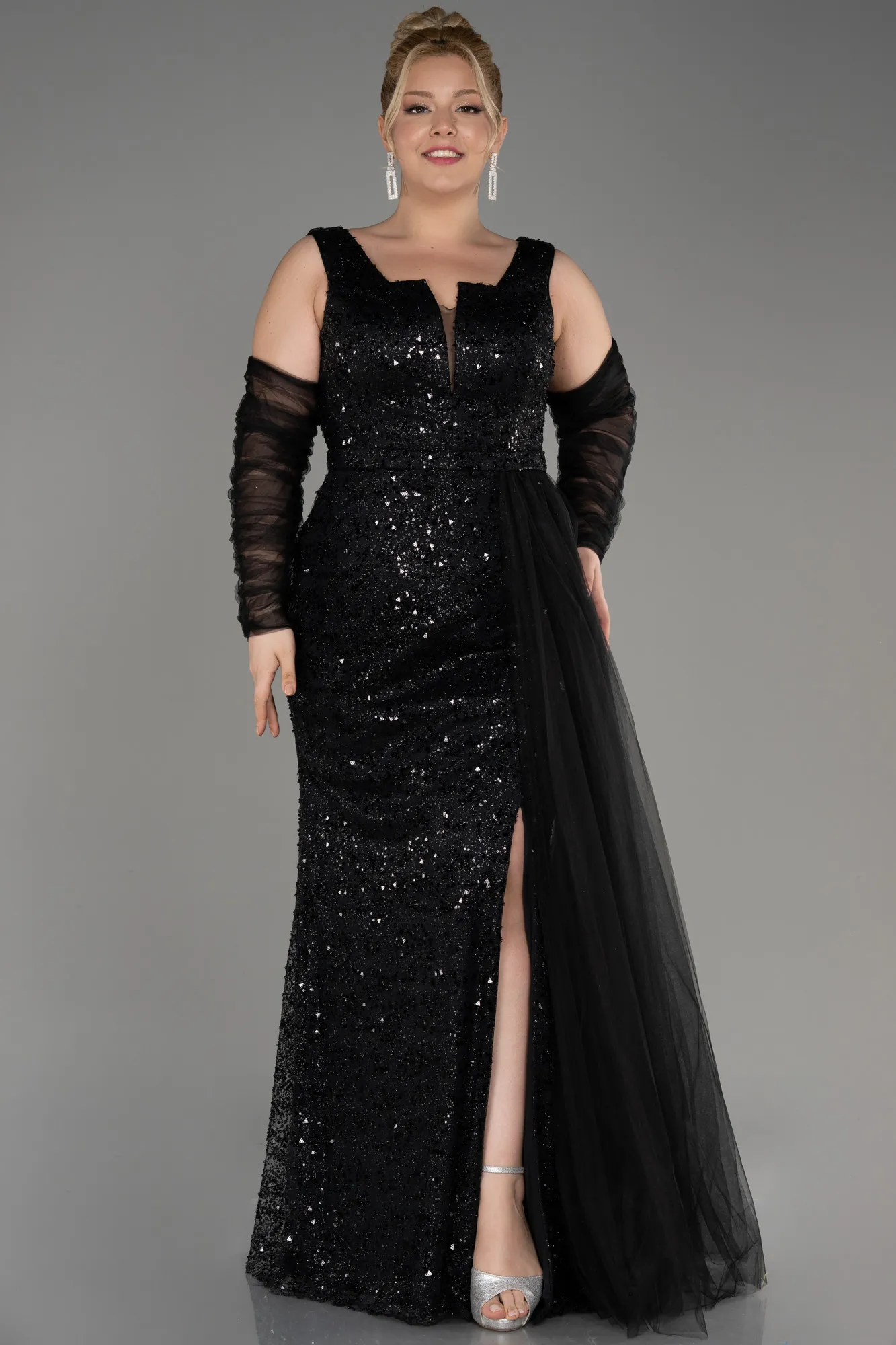 Black-Long Scaly Plus Size Engagement Gown ABU3992