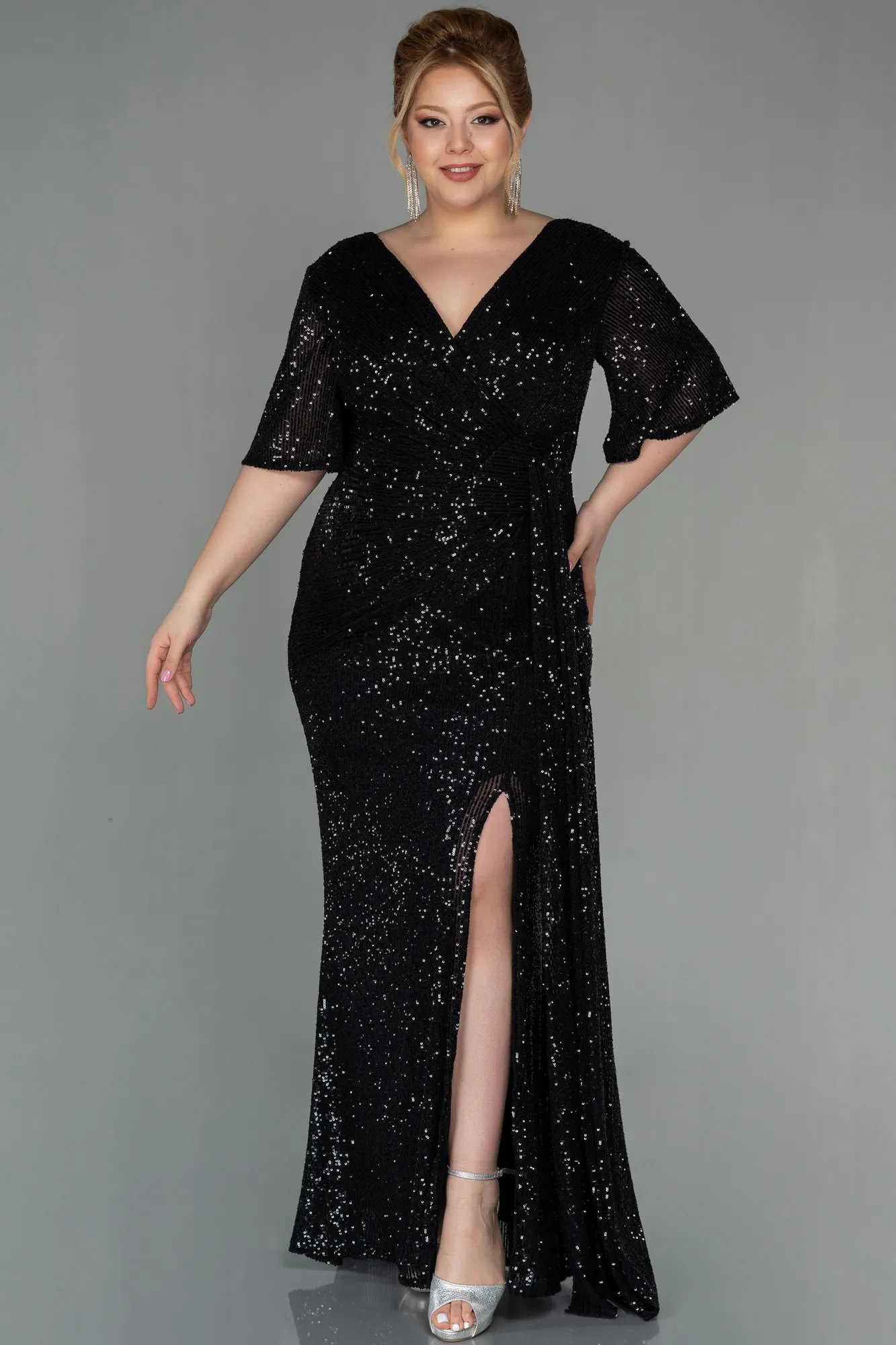 Black-Long Scaly Plus Size Evening Dress ABU2796
