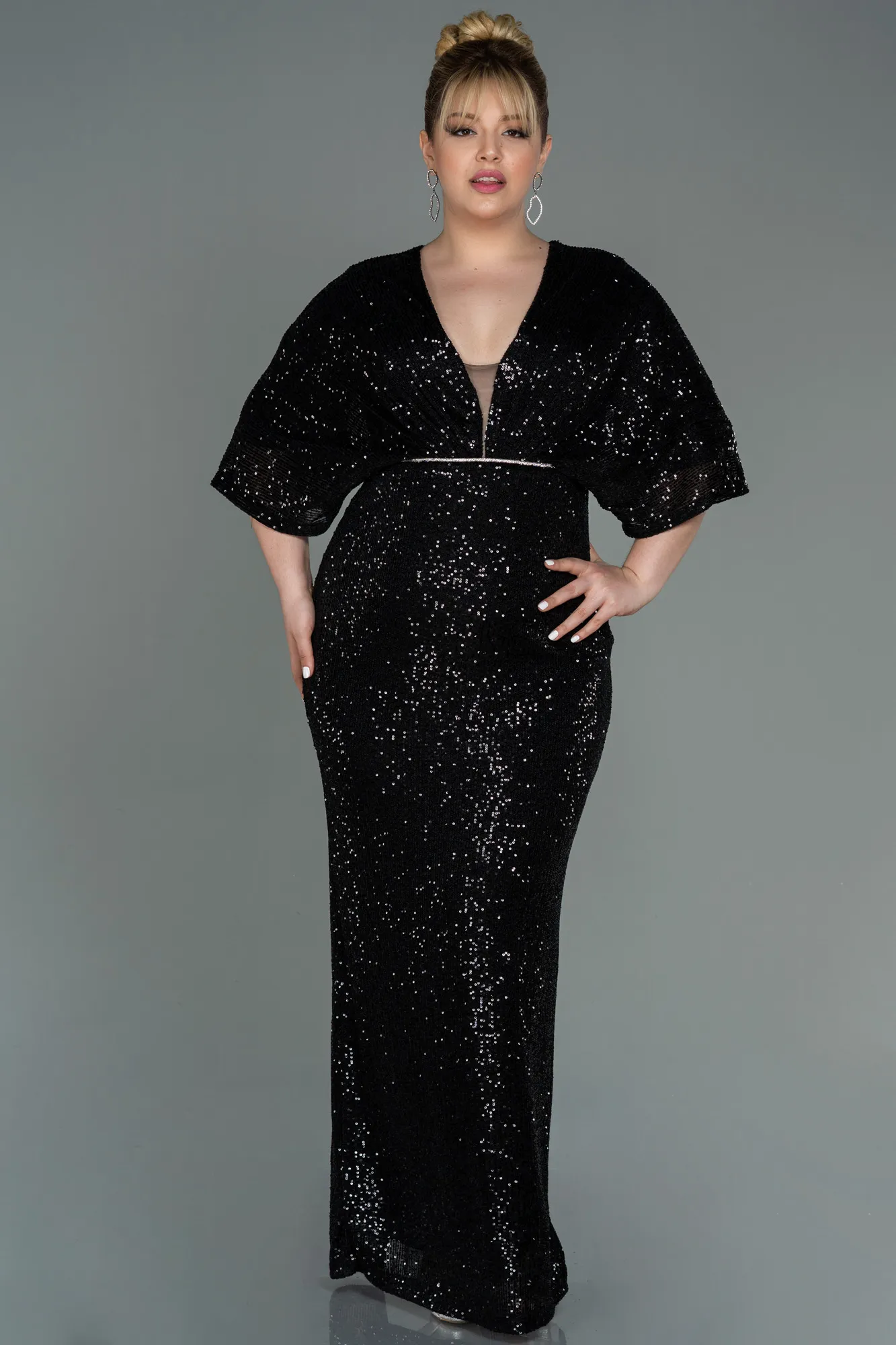 Black-Long Scaly Plus Size Evening Dress ABU3123