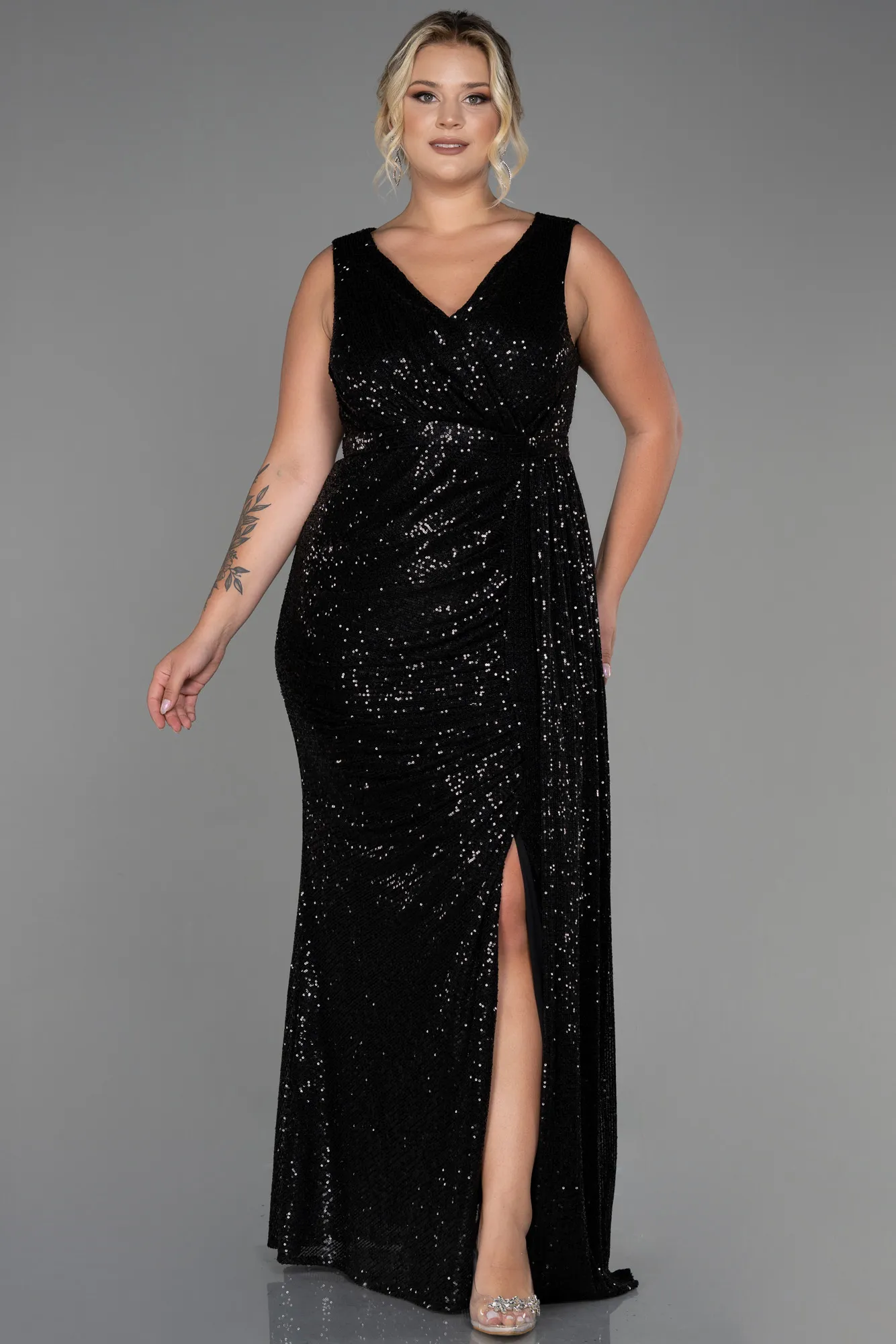 Black-Long Scaly Plus Size Evening Dress ABU3194