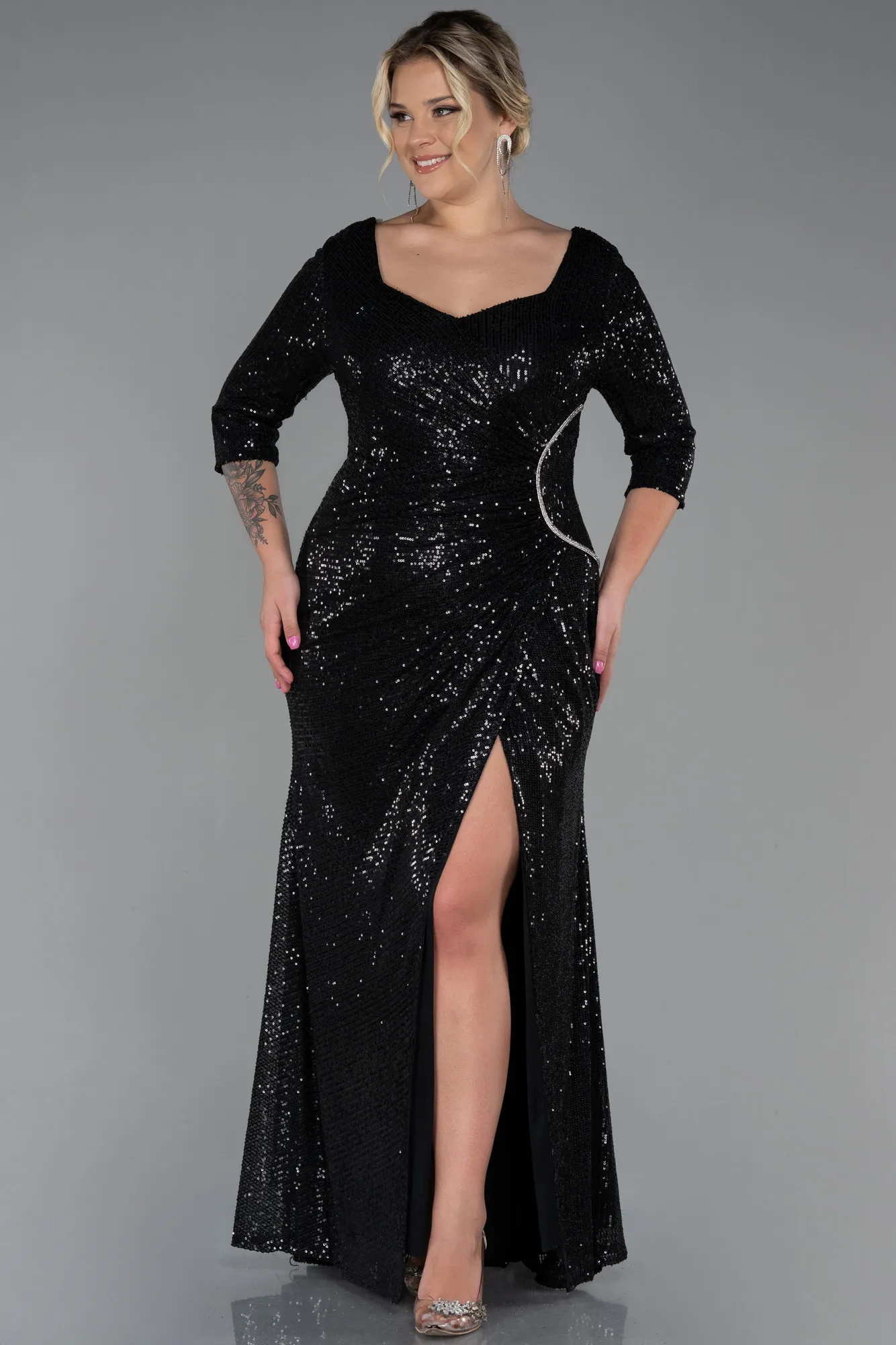 Black-Long Scaly Plus Size Evening Dress ABU3258