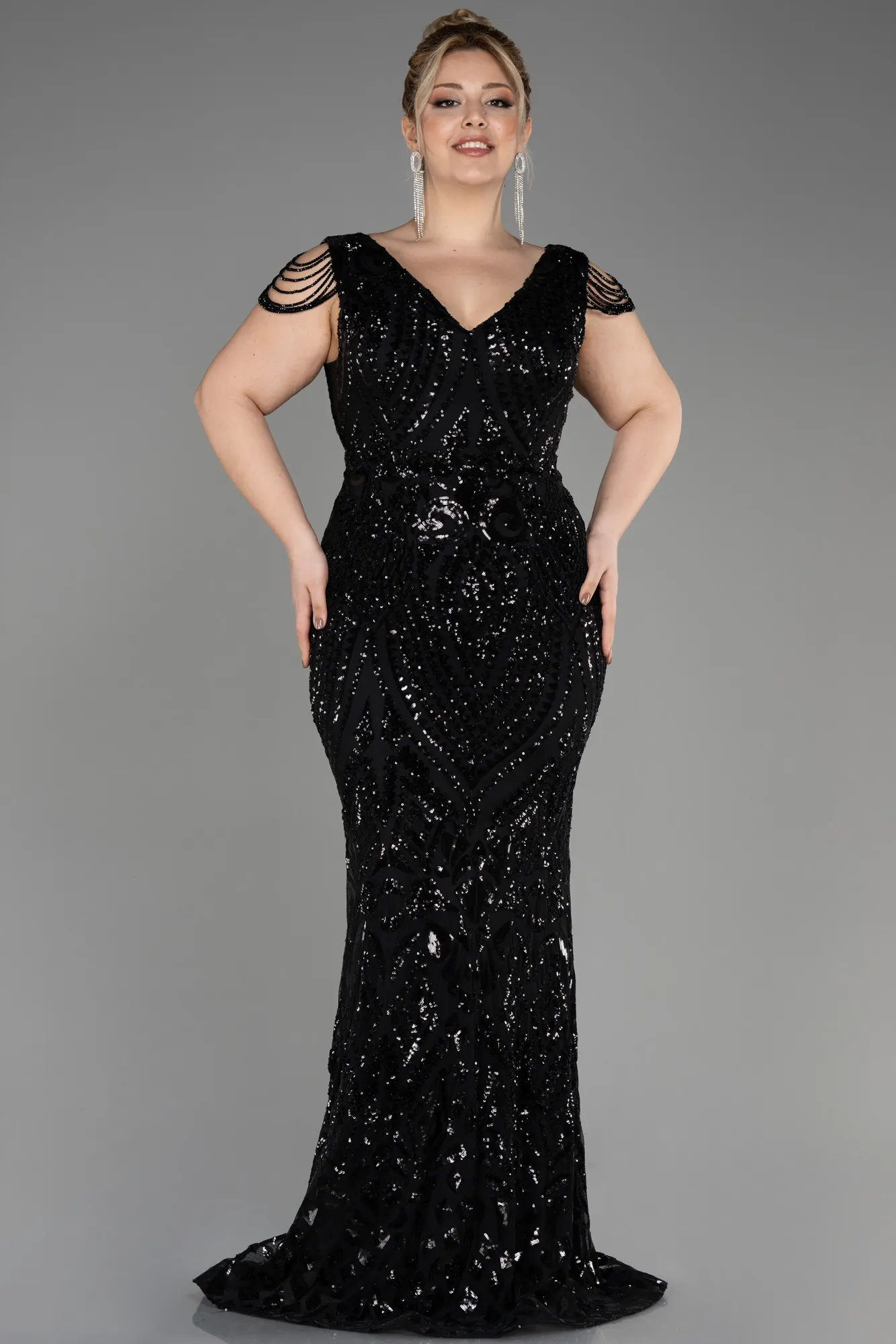 Black-Long Scaly Plus Size Evening Dress ABU3845