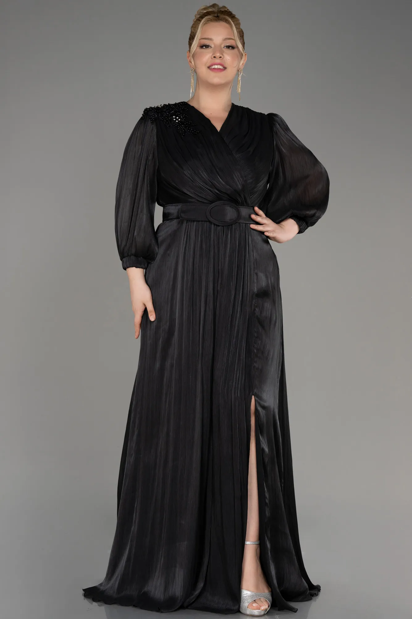 Black-Long Sleeve Belted Chiffon Plus Size Evening Dress ABU3871