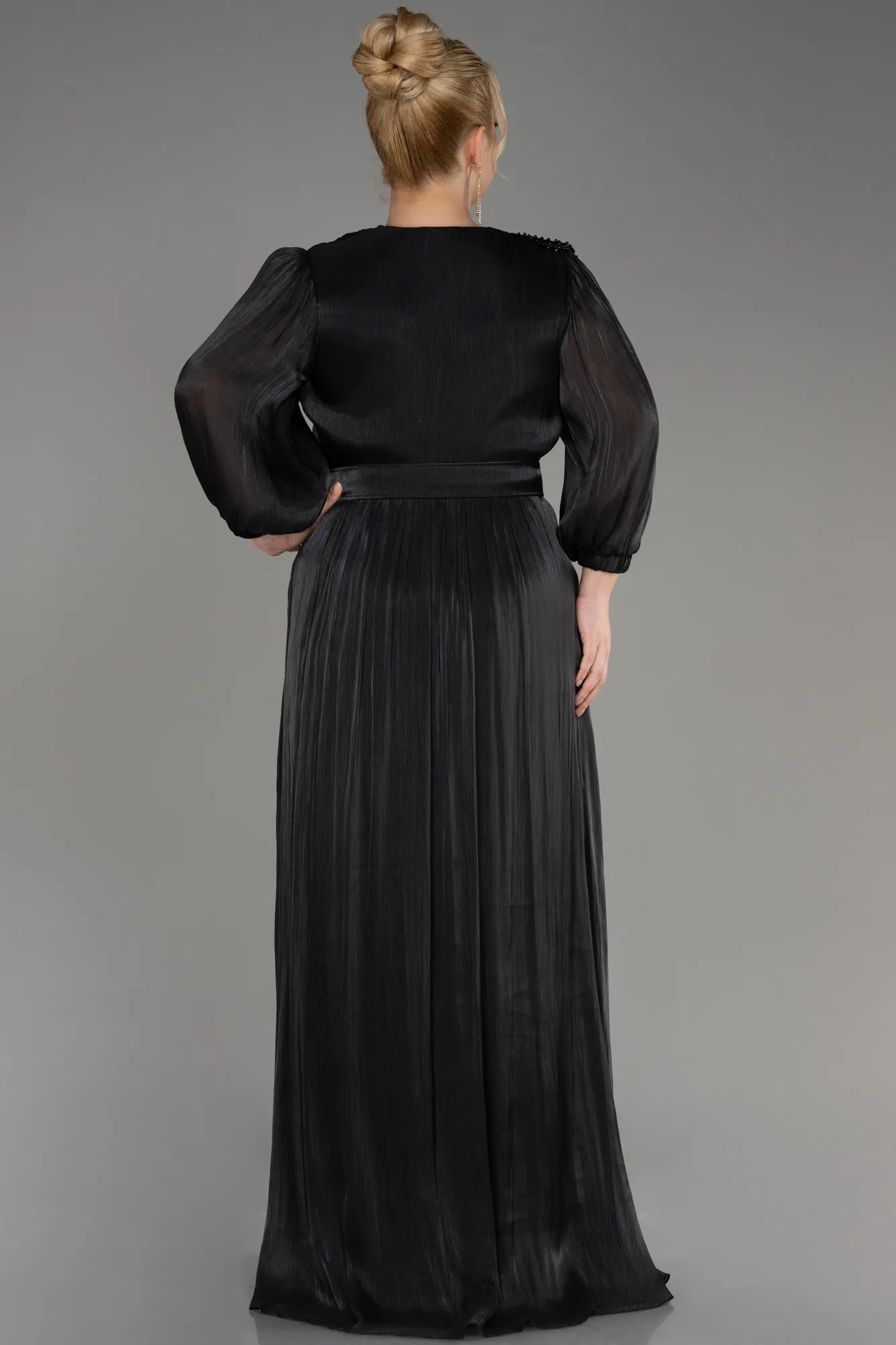 Black-Long Sleeve Belted Chiffon Plus Size Evening Dress ABU3871