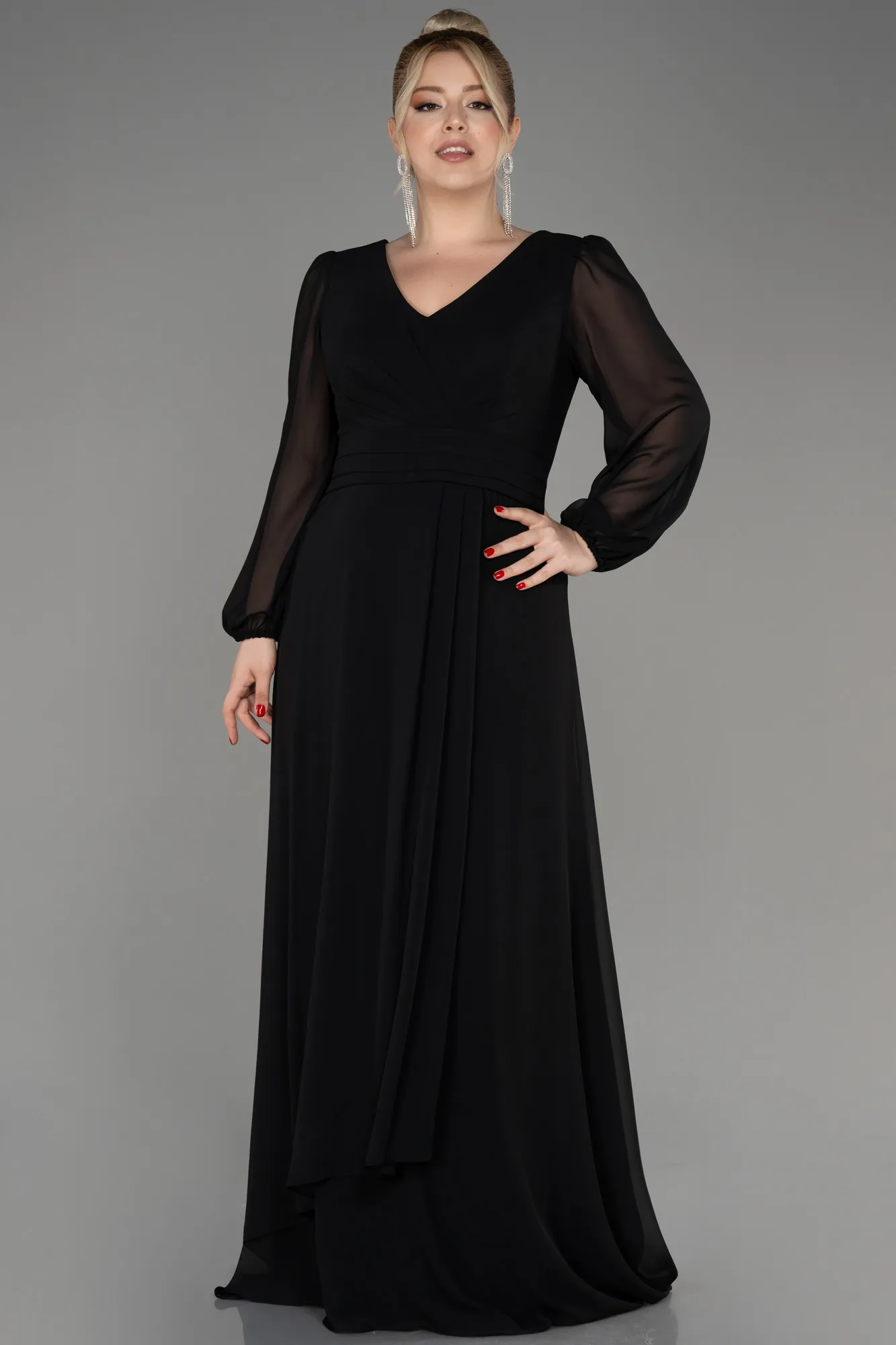 Black-Long Sleeve Chiffon Plus Size Evening Dress ABU3938