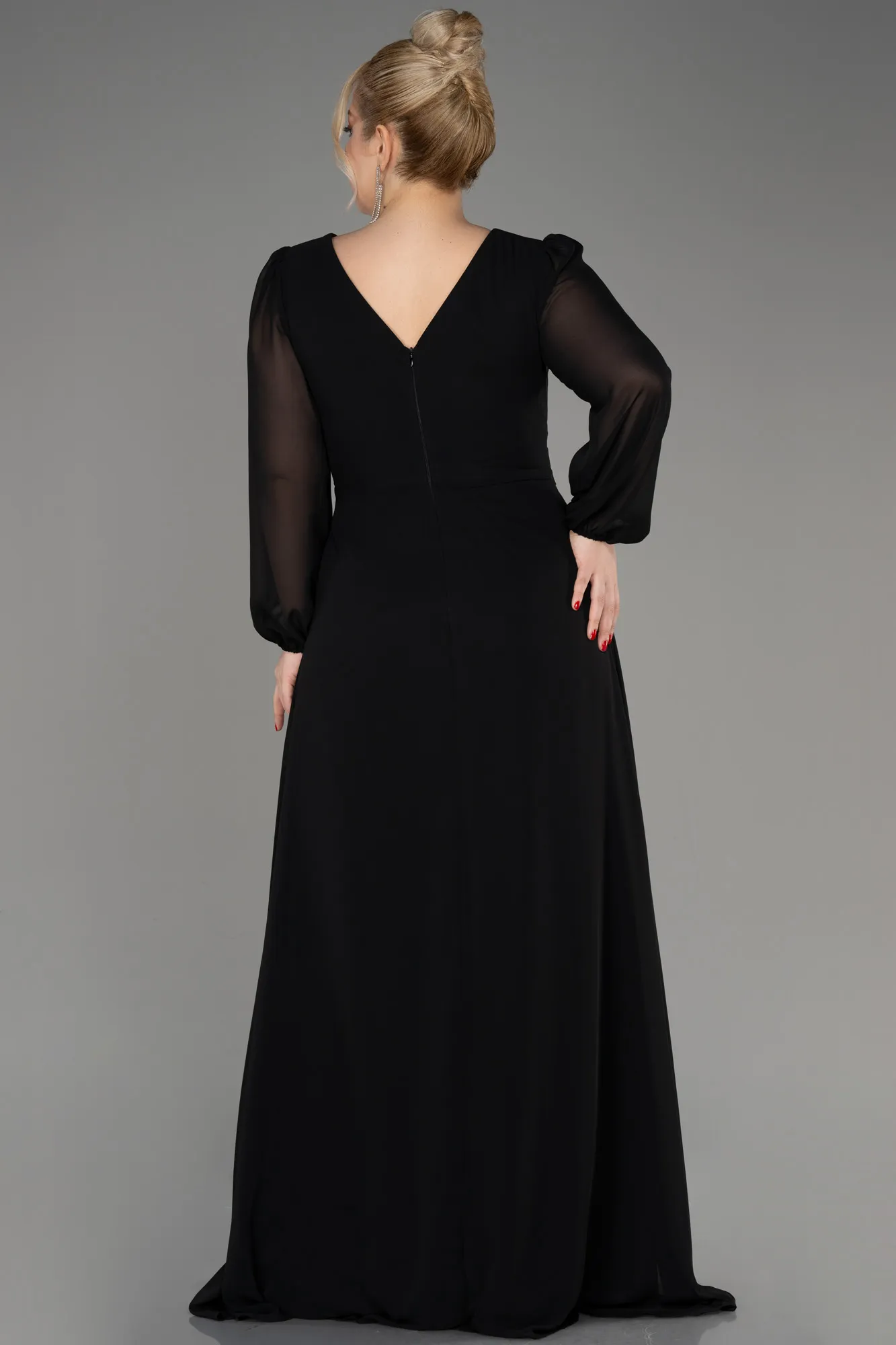 Black-Long Sleeve Chiffon Plus Size Evening Dress ABU3938