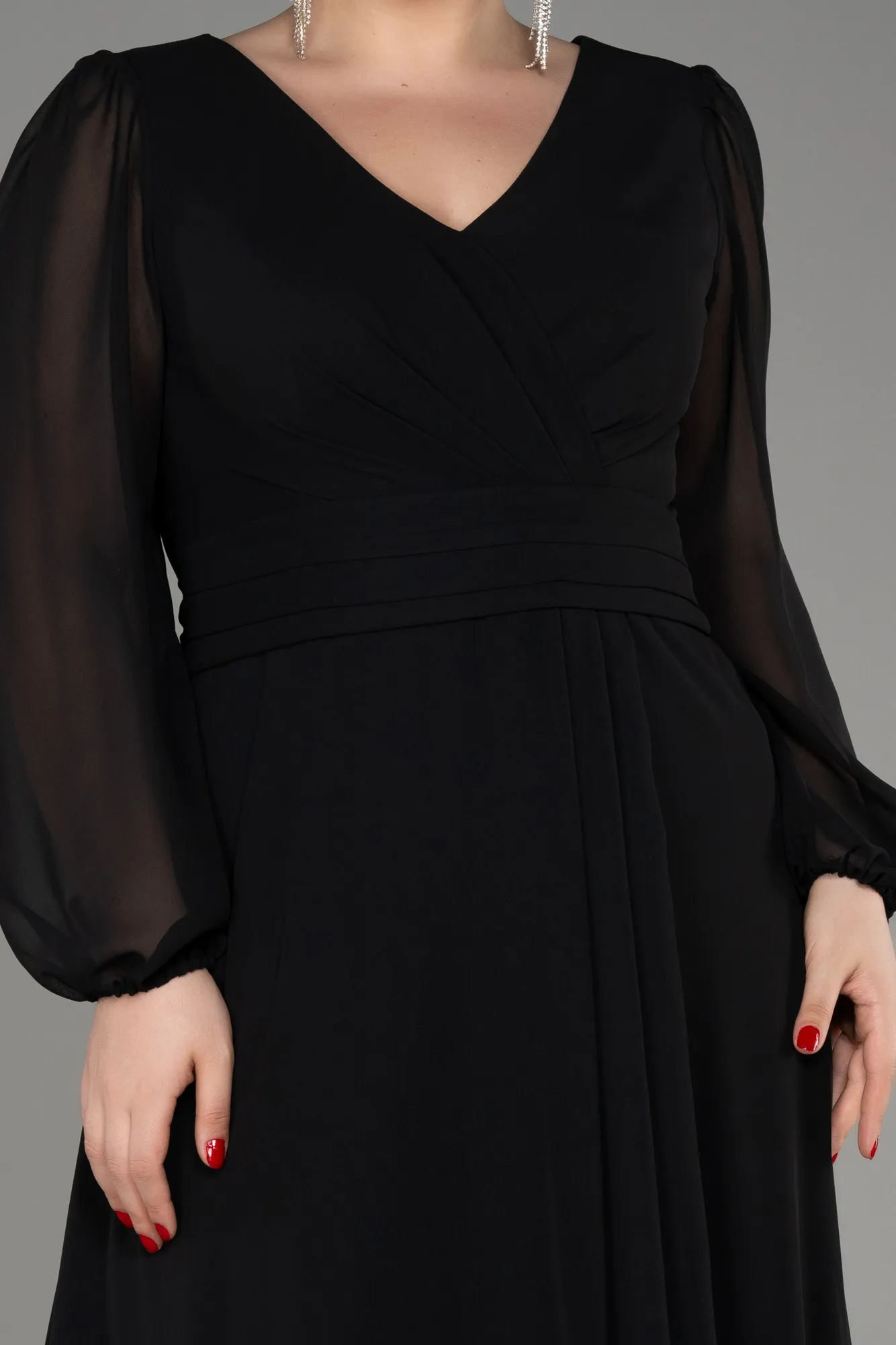 Black-Long Sleeve Chiffon Plus Size Evening Dress ABU3938