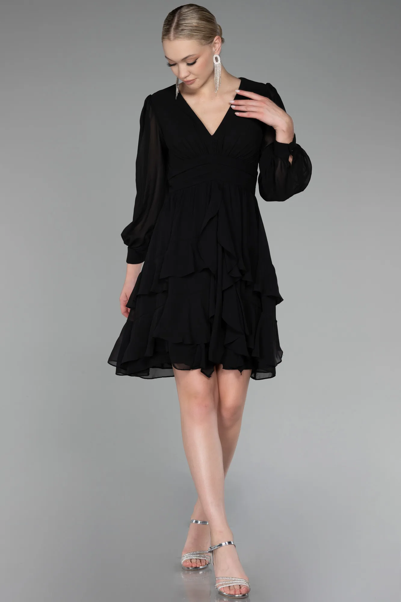 Black-Long Sleeve Chiffon Short Cocktail Dress ABK2117