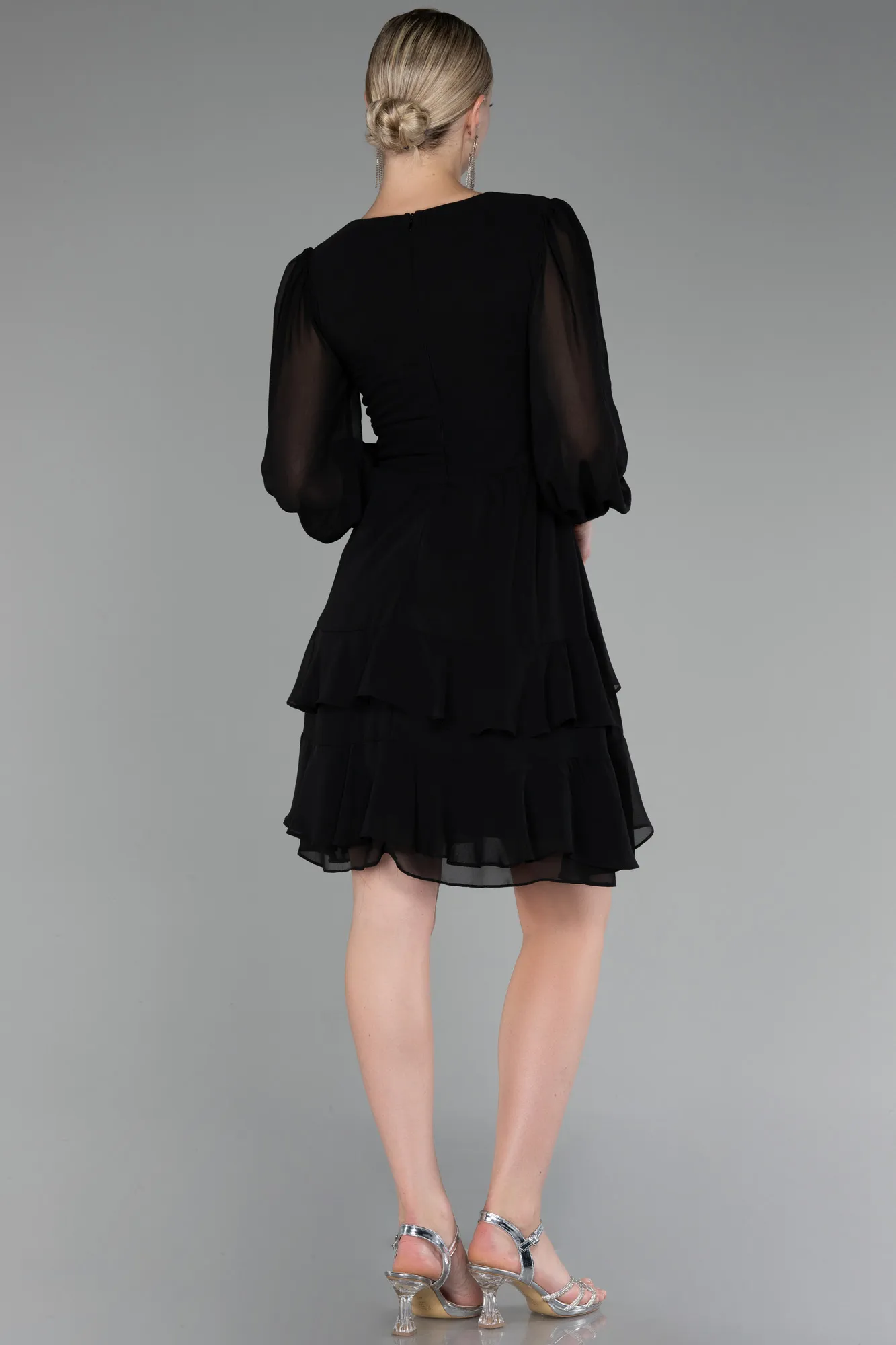 Black-Long Sleeve Chiffon Short Cocktail Dress ABK2117