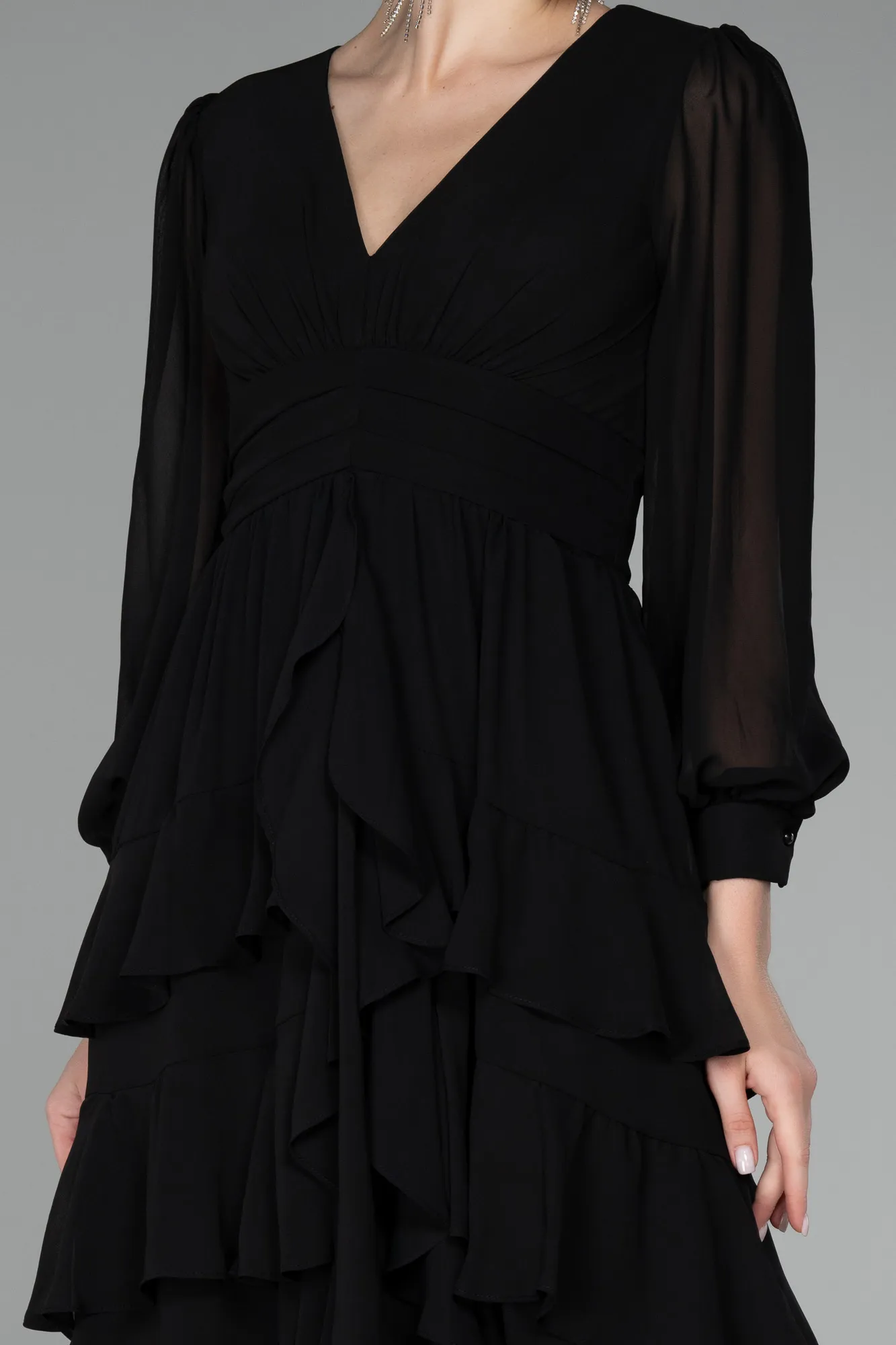 Black-Long Sleeve Chiffon Short Cocktail Dress ABK2117