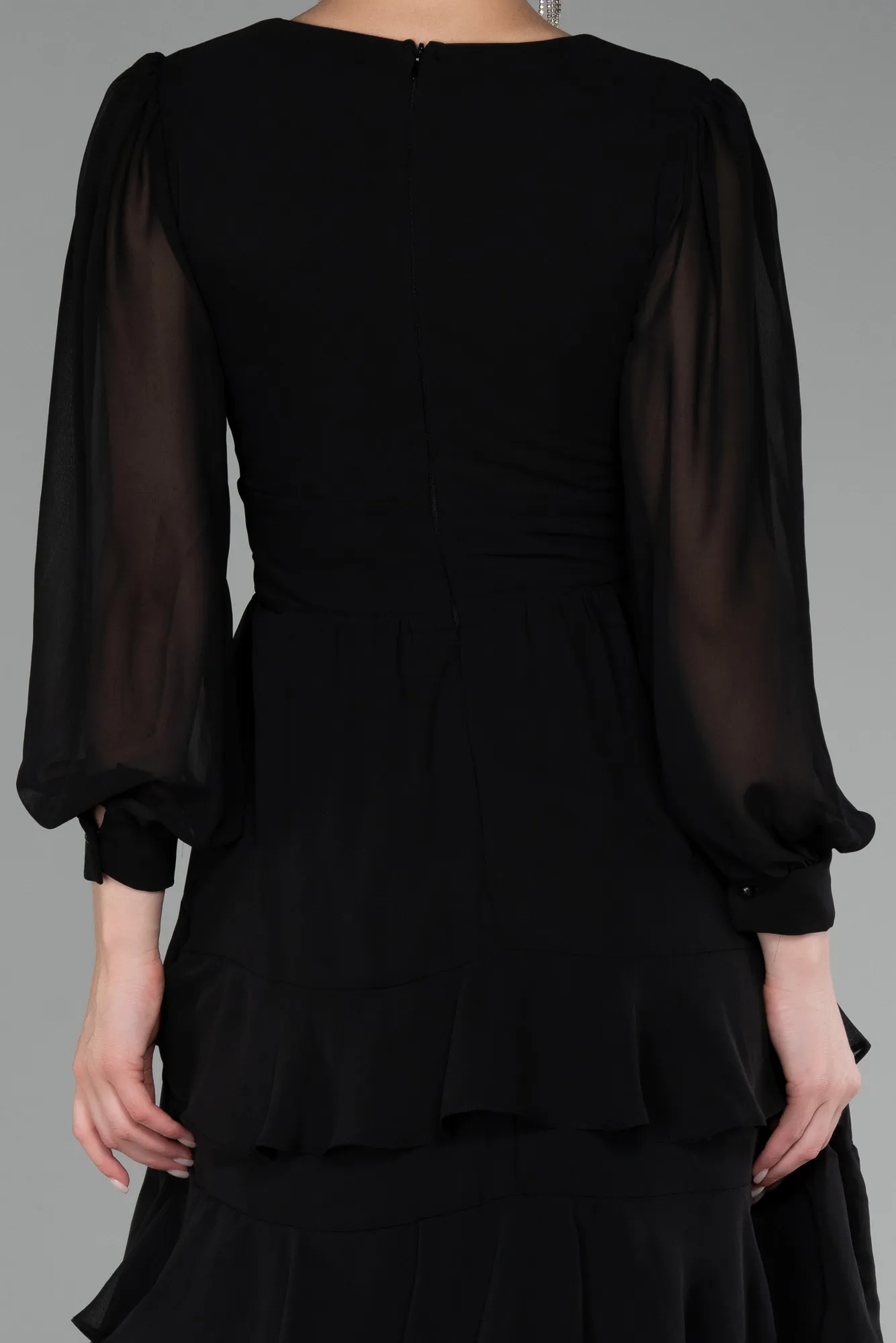 Black-Long Sleeve Chiffon Short Cocktail Dress ABK2117