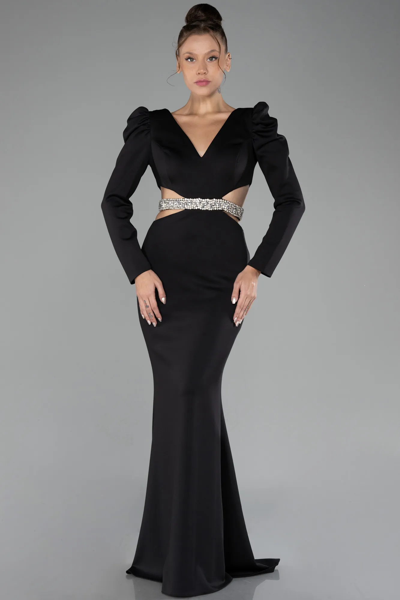 Black-Long Sleeve Cut Out Evening Dress ABU4297