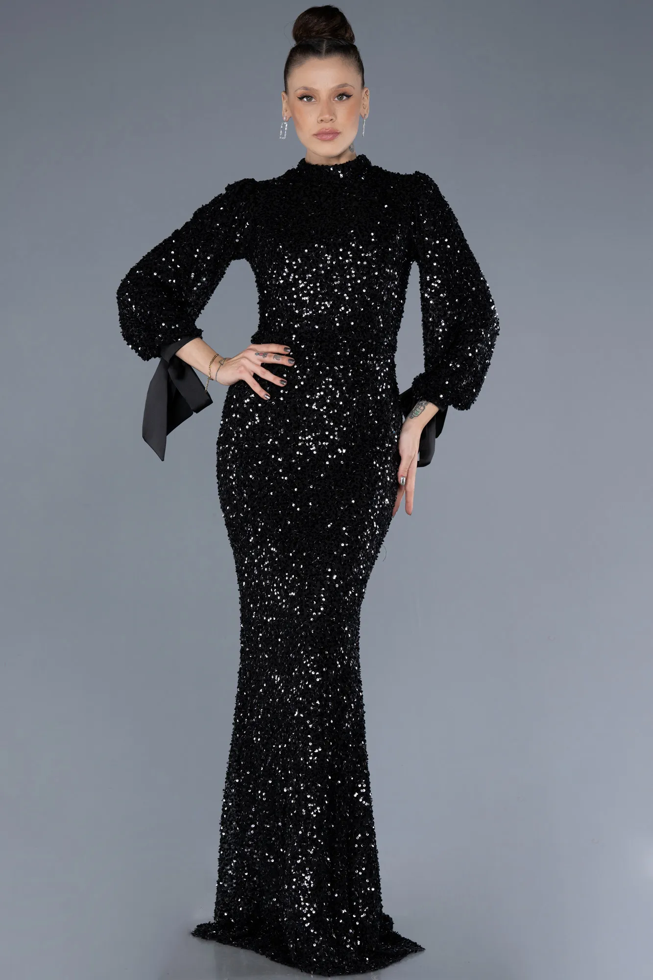 Black-Long Sleeve High Collar Sequined Evening Gown ABU4564