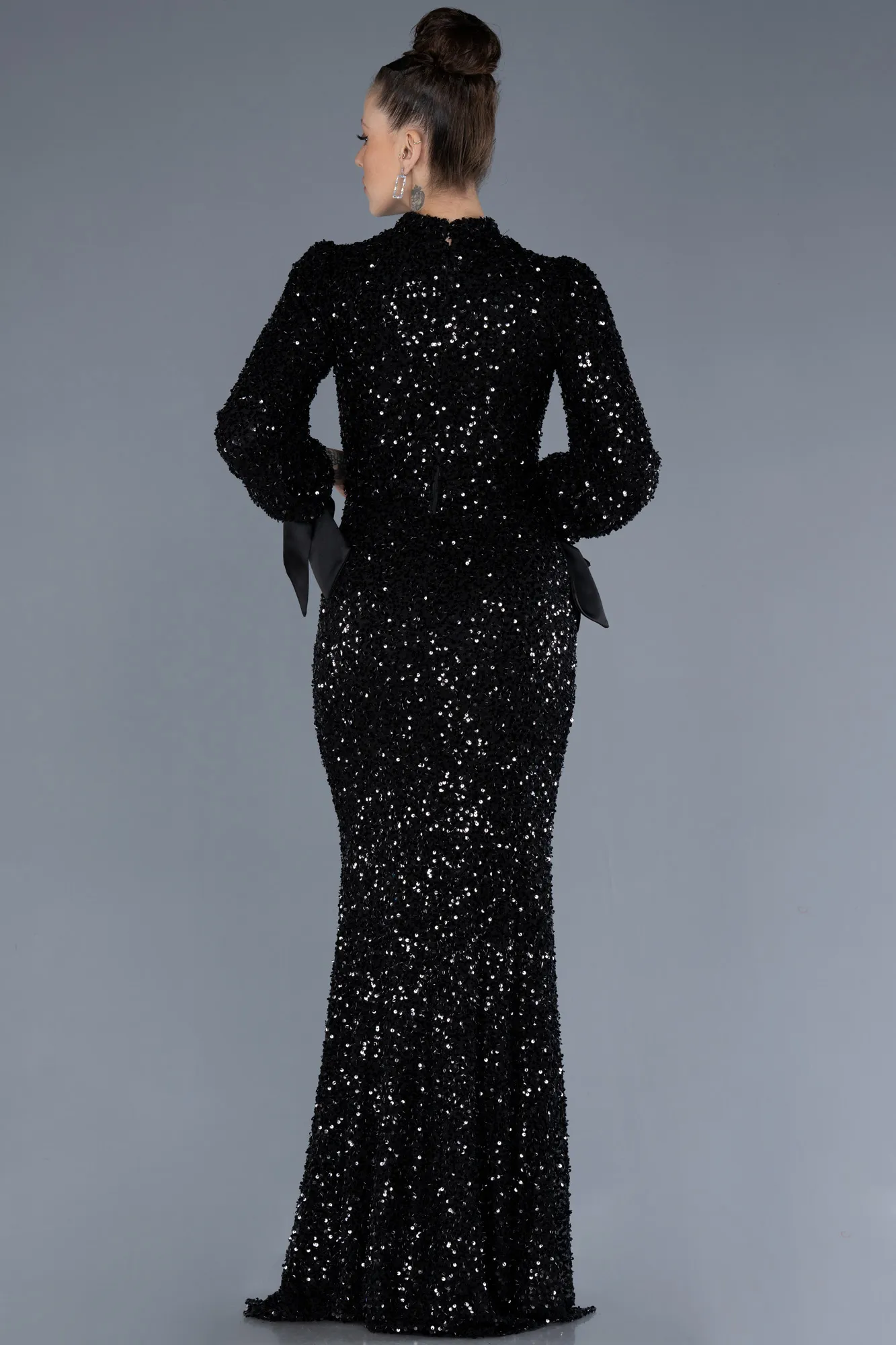 Black-Long Sleeve High Collar Sequined Evening Gown ABU4564