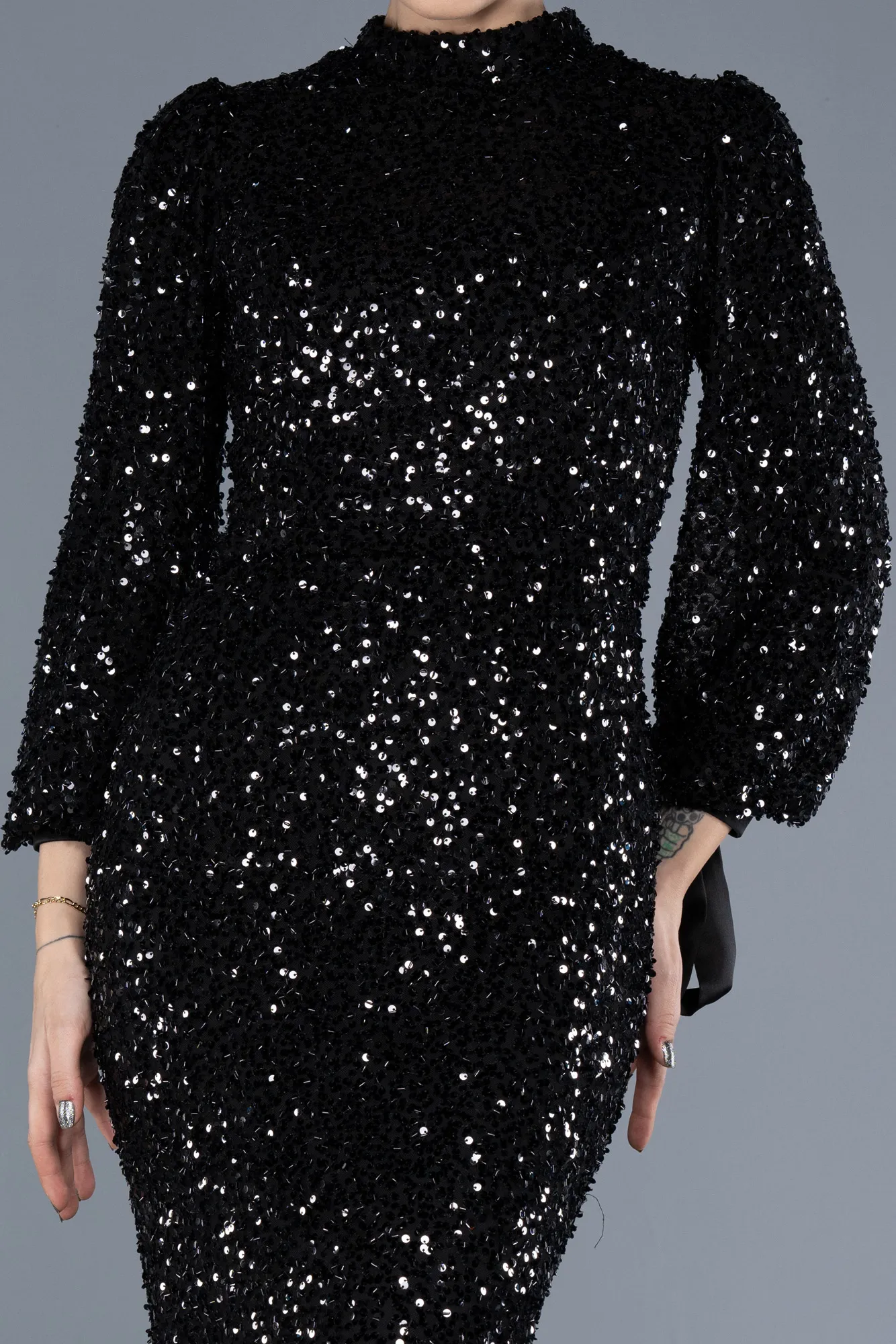 Black-Long Sleeve High Collar Sequined Evening Gown ABU4564