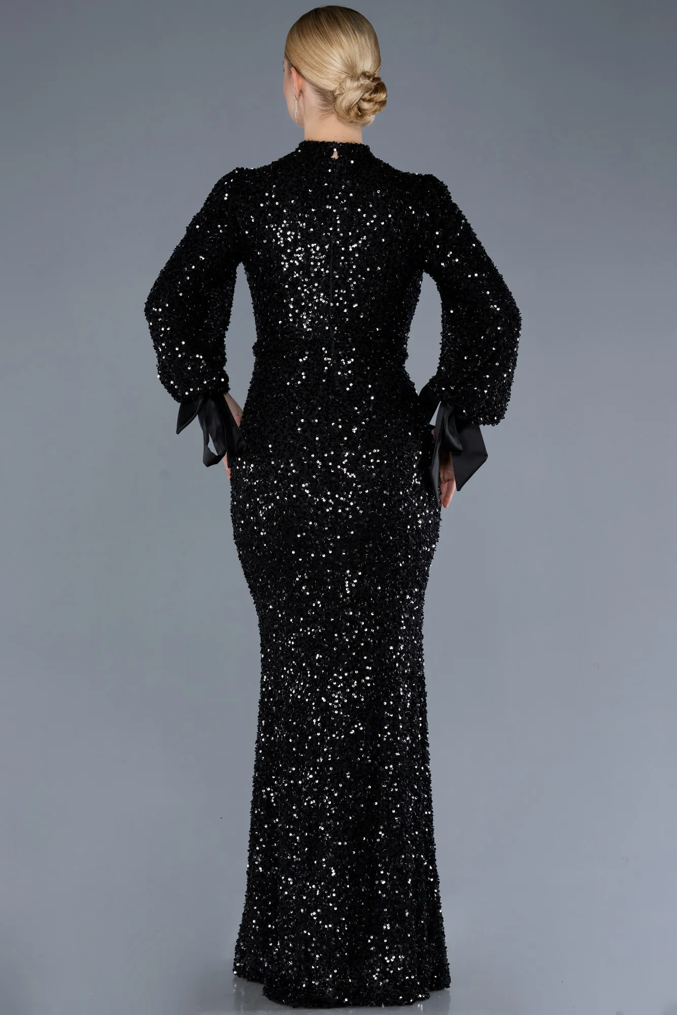 Black-Long Sleeve High Collar Sequined Plus Size Evening Gown ABU4565