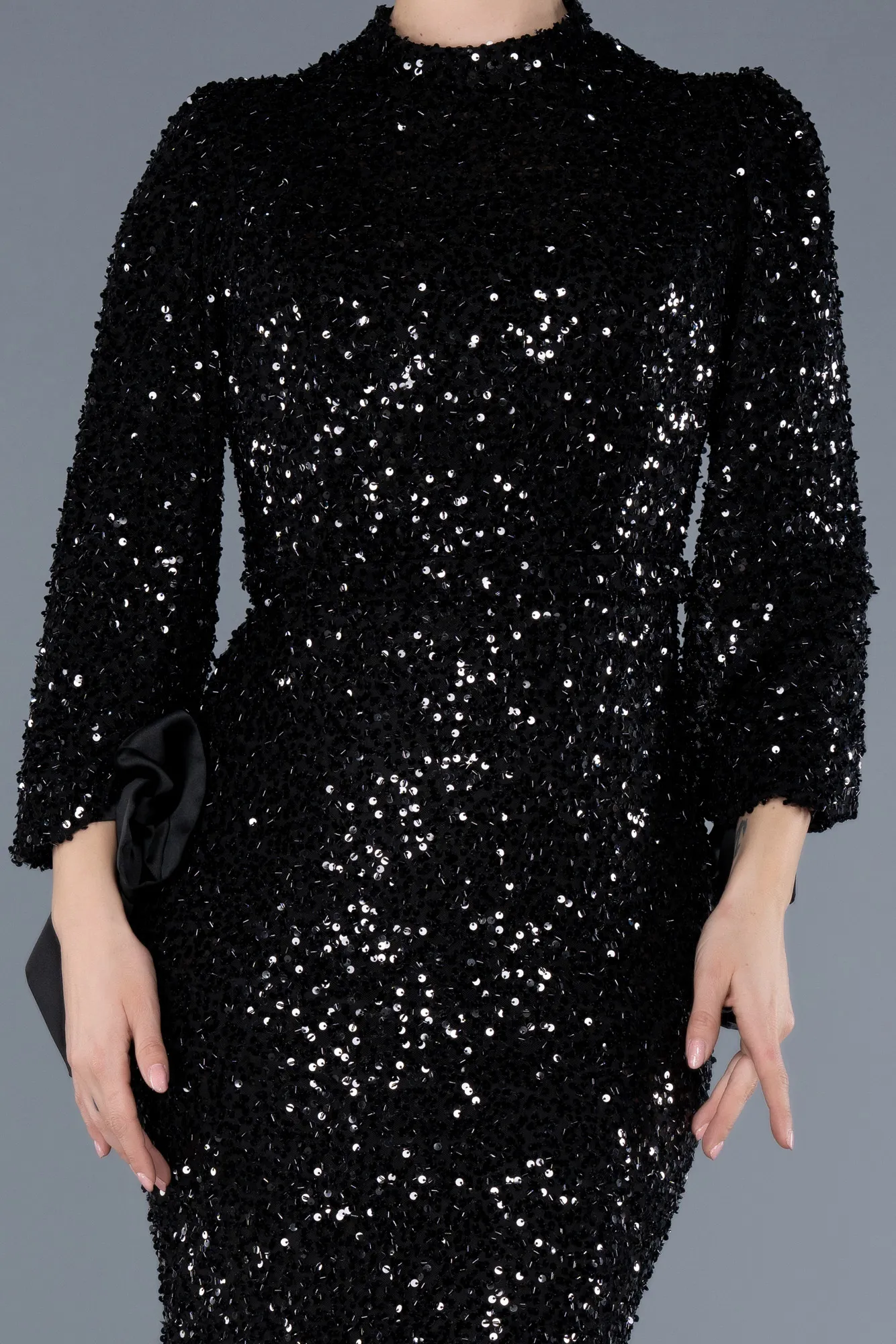 Black-Long Sleeve High Collar Sequined Plus Size Evening Gown ABU4565