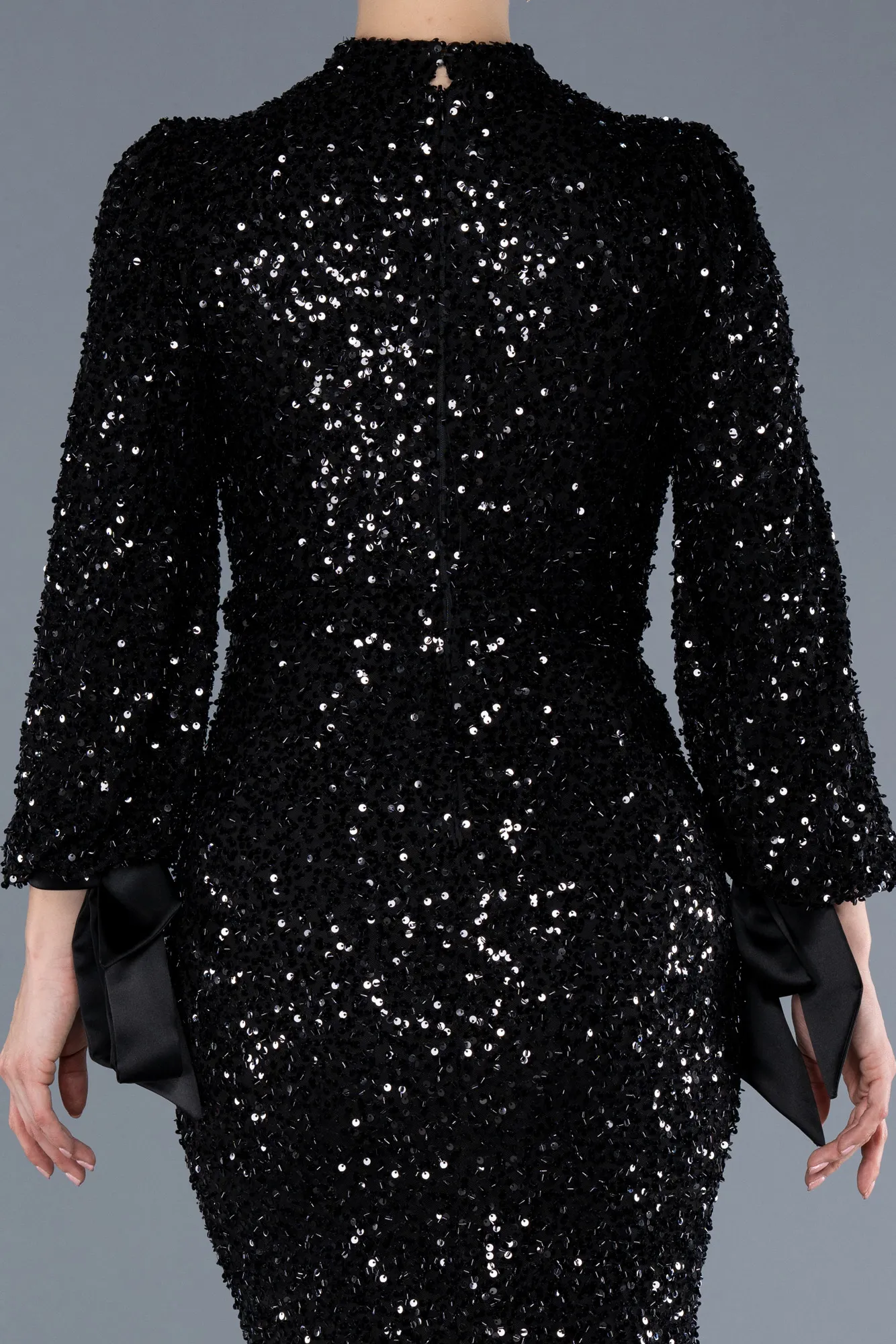 Black-Long Sleeve High Collar Sequined Plus Size Evening Gown ABU4565