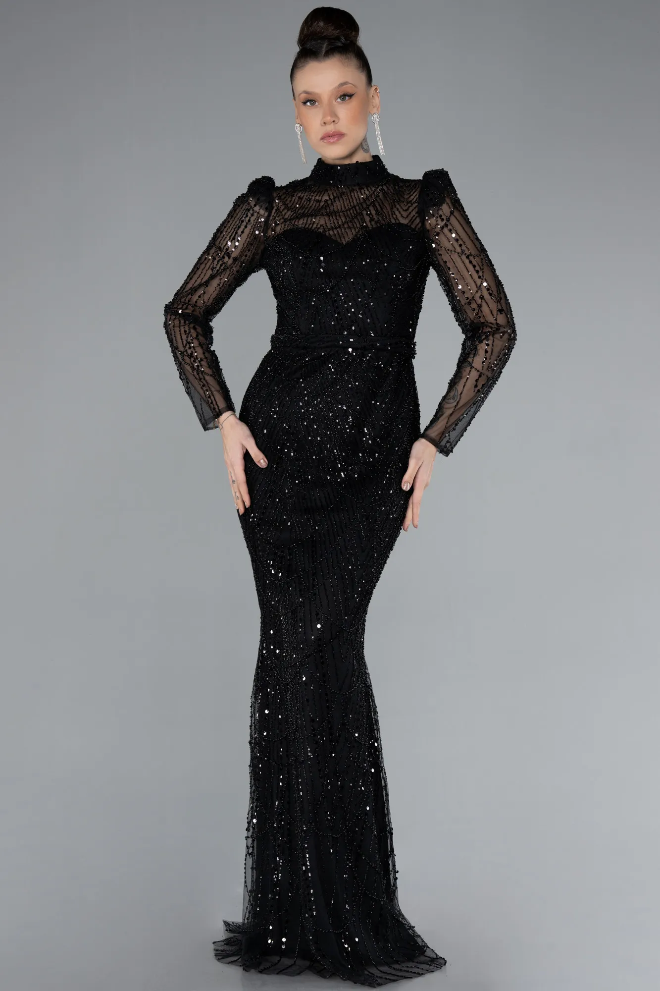 Black-Long Sleeve High Collar Stoned Evening Gown ABU4526