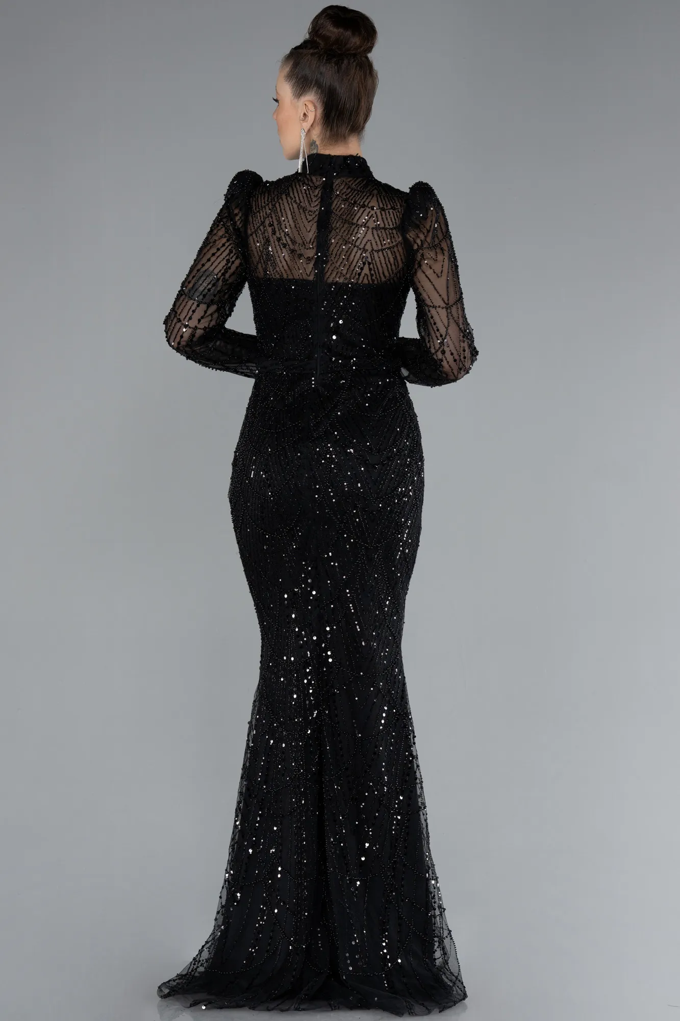 Black-Long Sleeve High Collar Stoned Evening Gown ABU4526