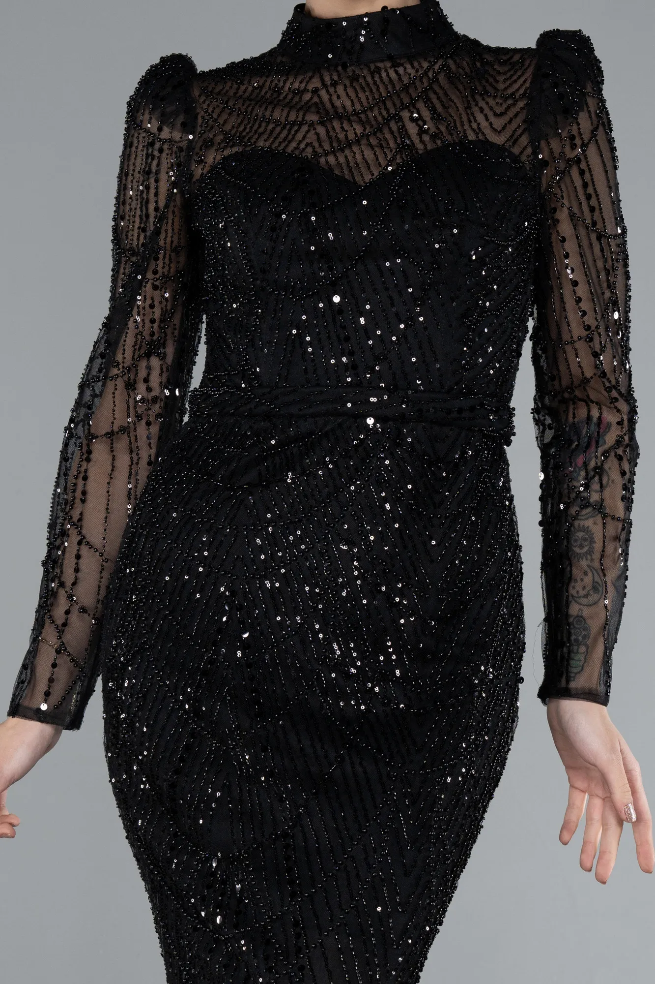 Black-Long Sleeve High Collar Stoned Evening Gown ABU4526