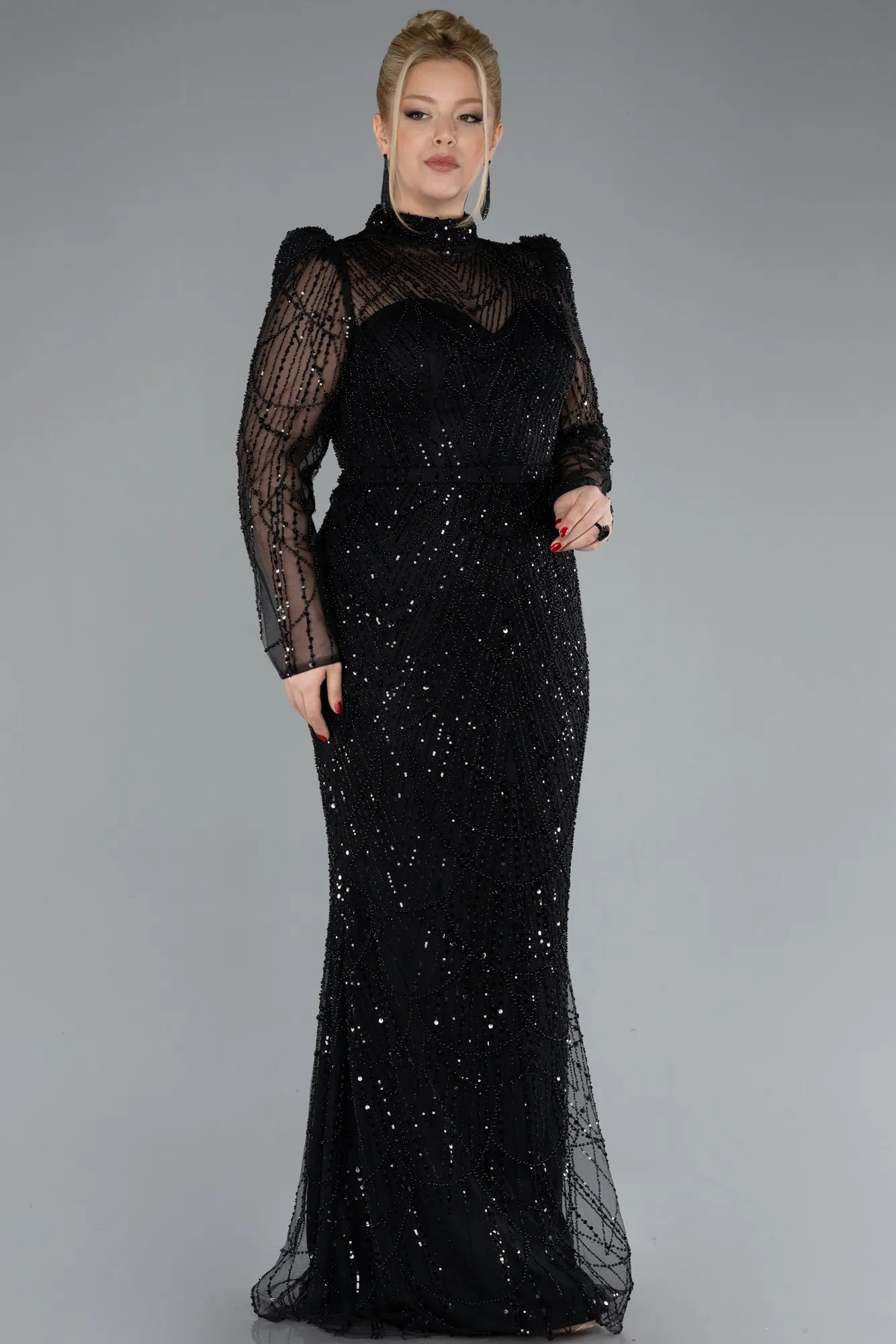 Black-Long Sleeve High Collar Stoned Plus Size Evening Gown ABU4527