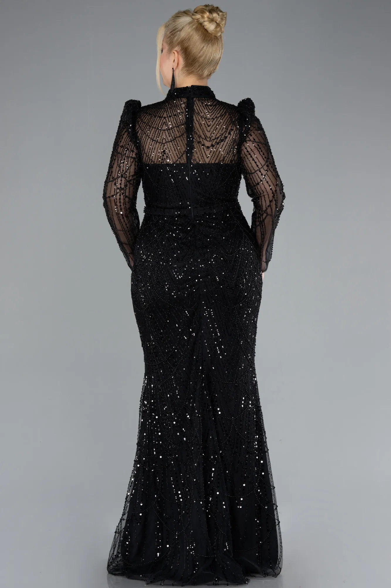 Black-Long Sleeve High Collar Stoned Plus Size Evening Gown ABU4527