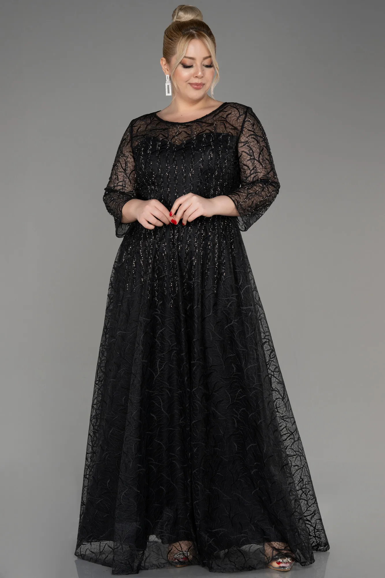 Black-Long Sleeve Laced Plus Size Evening Dress ABU3932